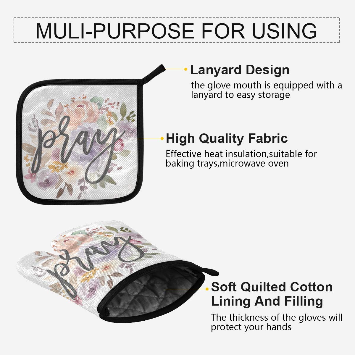 ALAZA Heat Resistant Christian Rose Flower Oven Mitts & Pot Holders Set - Religious Kitchen Gloves for Cooking, Baking, Grilling - Perfect for Church Events, Family Gatherings & Holiday Meals