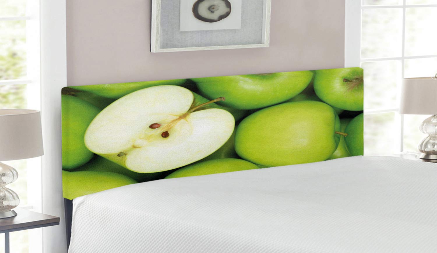 Ambesonne Fruits Headboard - Queen Size Upholstered Metal Bed Headboard with Memory Foam | Green Apple Print Design in Apple Green & Cream | Perfect for Bedroom Decor, Guest Rooms & Fruit-Themed Interiors