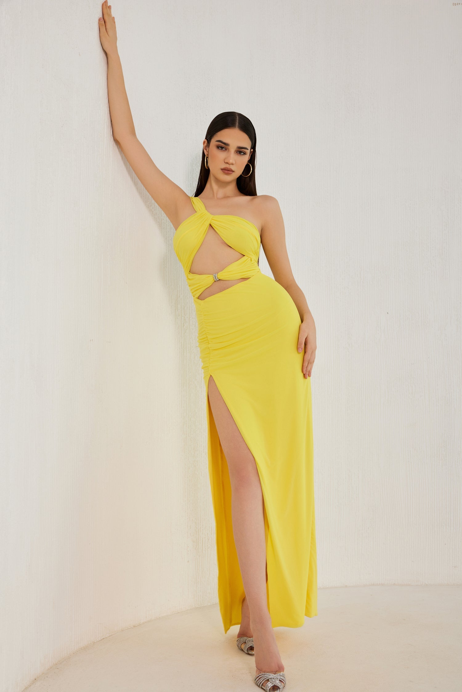 Annora Elegant One Shoulder Mesh Slit Maxi Dress for Women - Perfect for Evening Parties, Weddings & Special Occasions