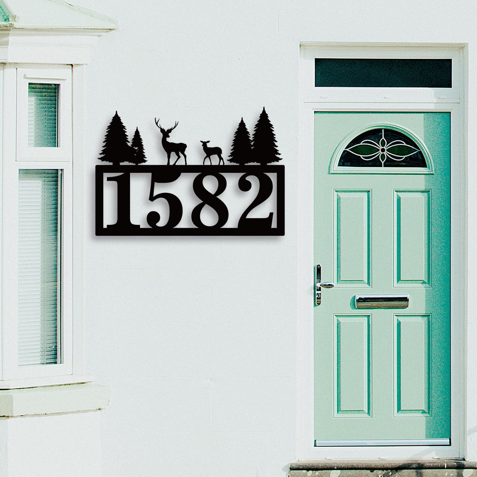 Custom Metal House Numbers for Outdoor - Personalized Modern Address Plaque Sign for Yard & Home (Deer & Pine Design) - Durable Weatherproof House Numbers for Front Door, Mailbox & Driveway