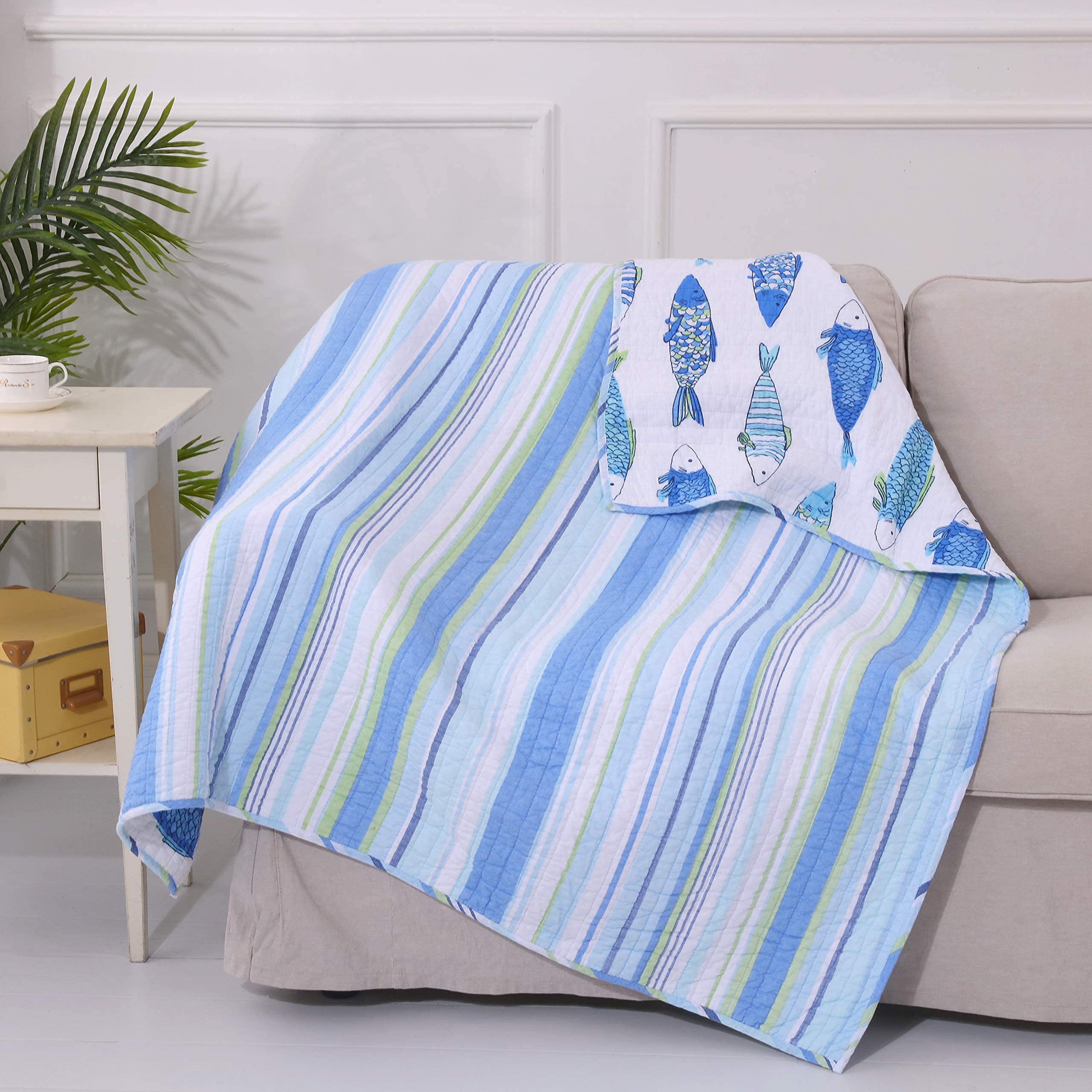 Levtex Home Catalina Quilted Throw Blanket 50x60 Inches - Reversible Striped Coastal Pattern in Blue and Green - Soft Cotton Fabric for Sofa, Bed, or Outdoor Use