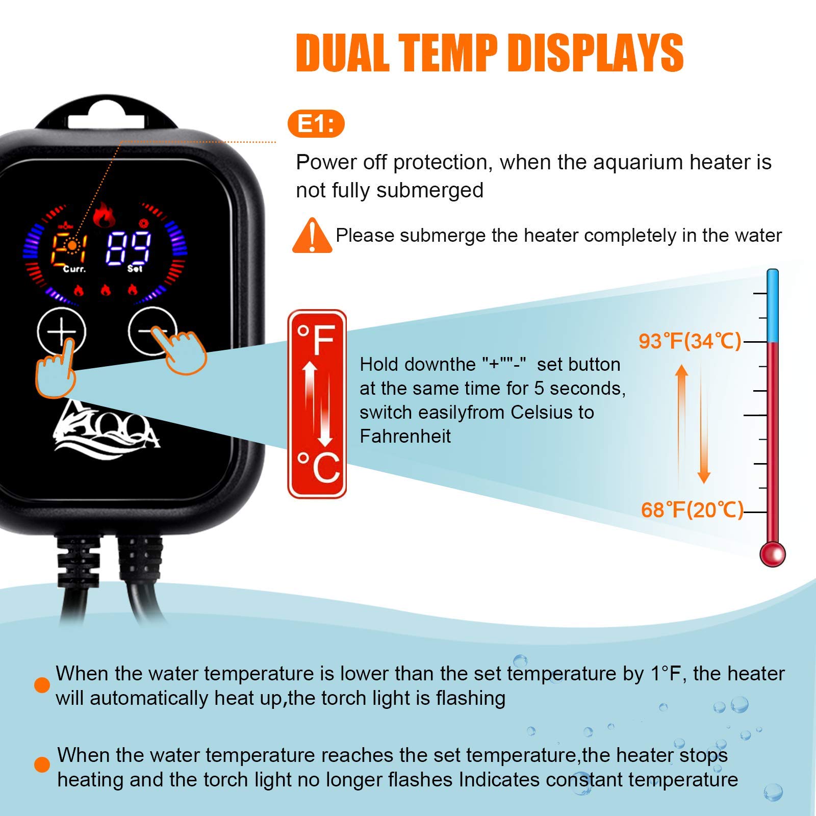 AQQA 800W Submersible Aquarium Heater for 80-220 Gallon Fish Tanks - Adjustable Thermostat for Freshwater & Saltwater Aquariums - Ideal for Betta Fish, Tropical Fish & Marine Life - Perfect for Home, Office or Fish Store Use