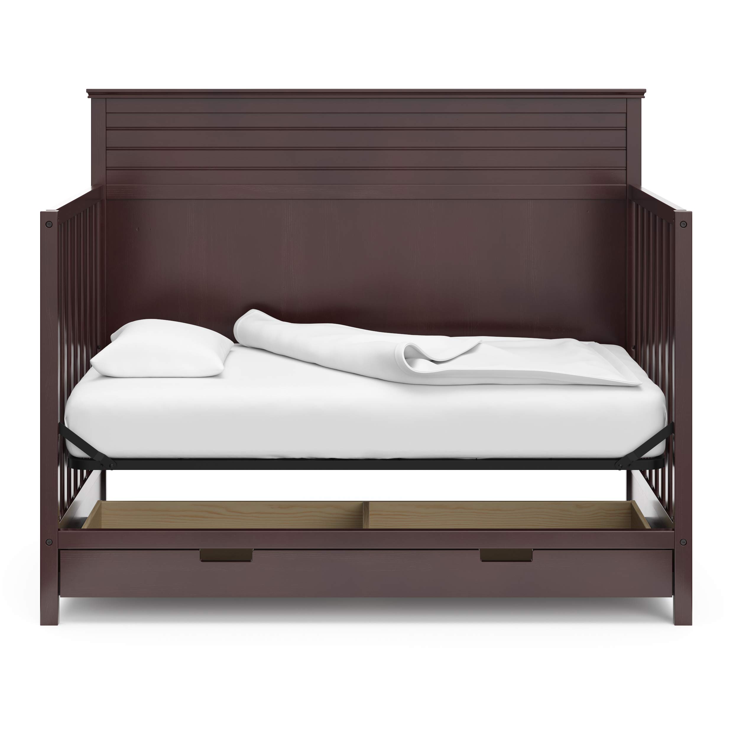 Storkcraft Homestead 5-in-1 Convertible Crib with Storage Drawer in Espresso - Baby Crib to Toddler Bed, Daybed & Full Bed Conversion - Nursery Furniture with Built-in Storage - Perfect for Small Spaces & Growing Families