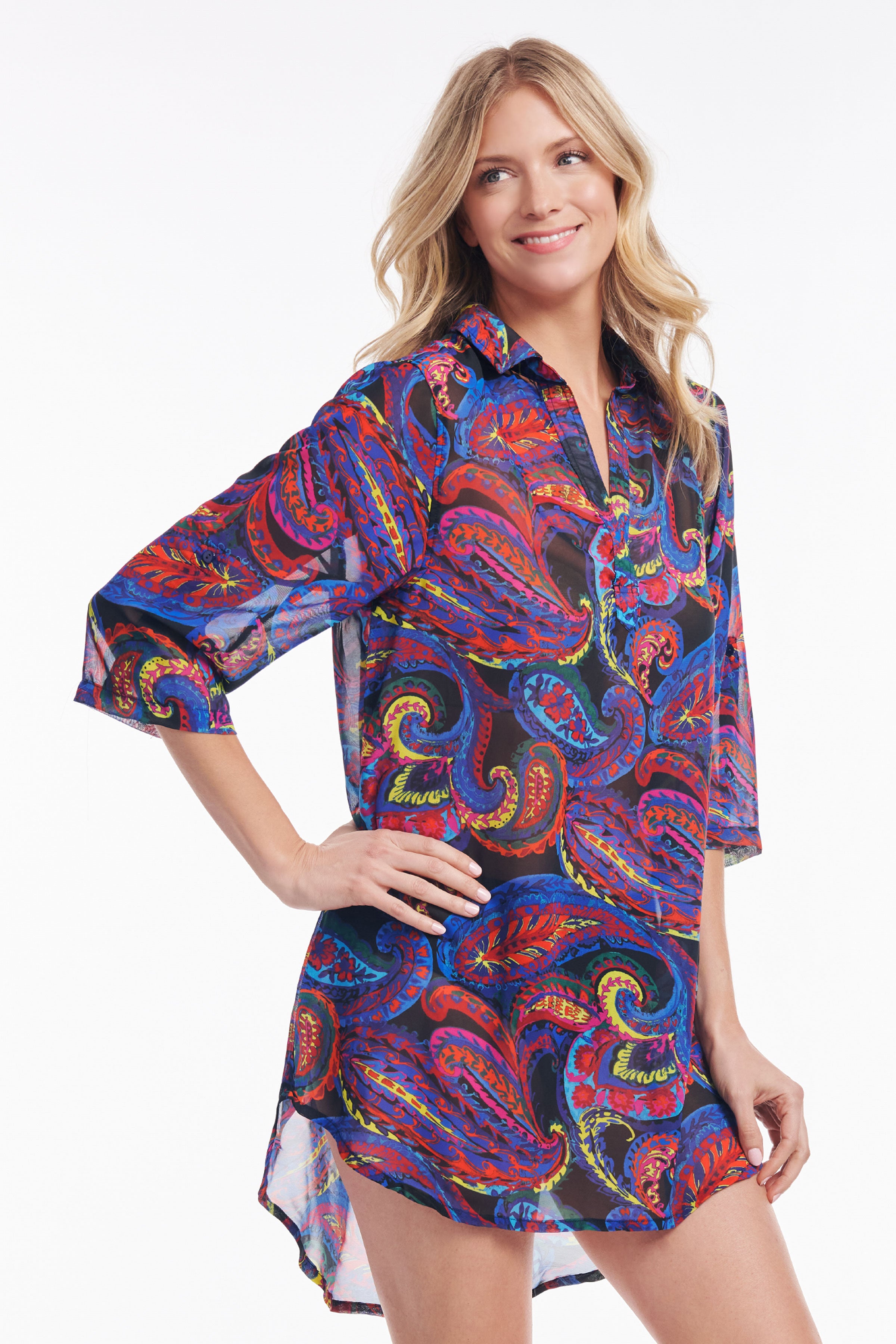 French Paisley Collared Pullover Tunic Coverup - Stylish Beach Cover-Up & Casual Loungewear for Women