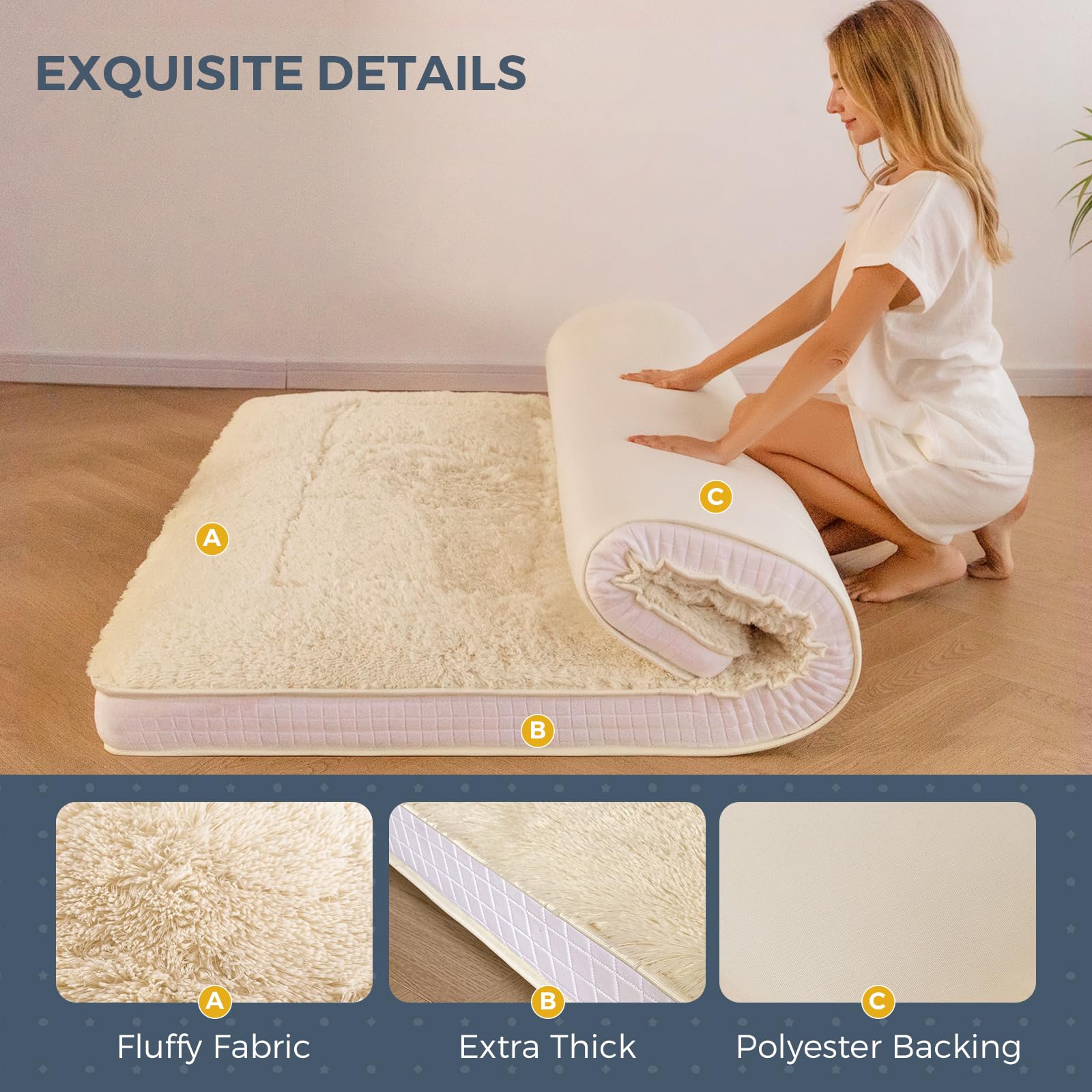 MAXYOYO 6-Inch Extra Thick Fluffy Floor Futon Mattress - Queen Size Plush Square Quilted Mattress for Adults & Guests (Beige) | Perfect for Living Room Lounging, Sleepovers & Guest Bedding