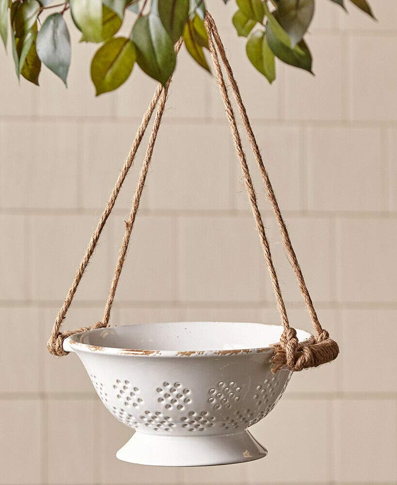 Distressed White Ceramic Hanging Planter Basket - Blue, Yellow & White - Perfect for Kitchen Colander, Flower Pot & Farmhouse Decor