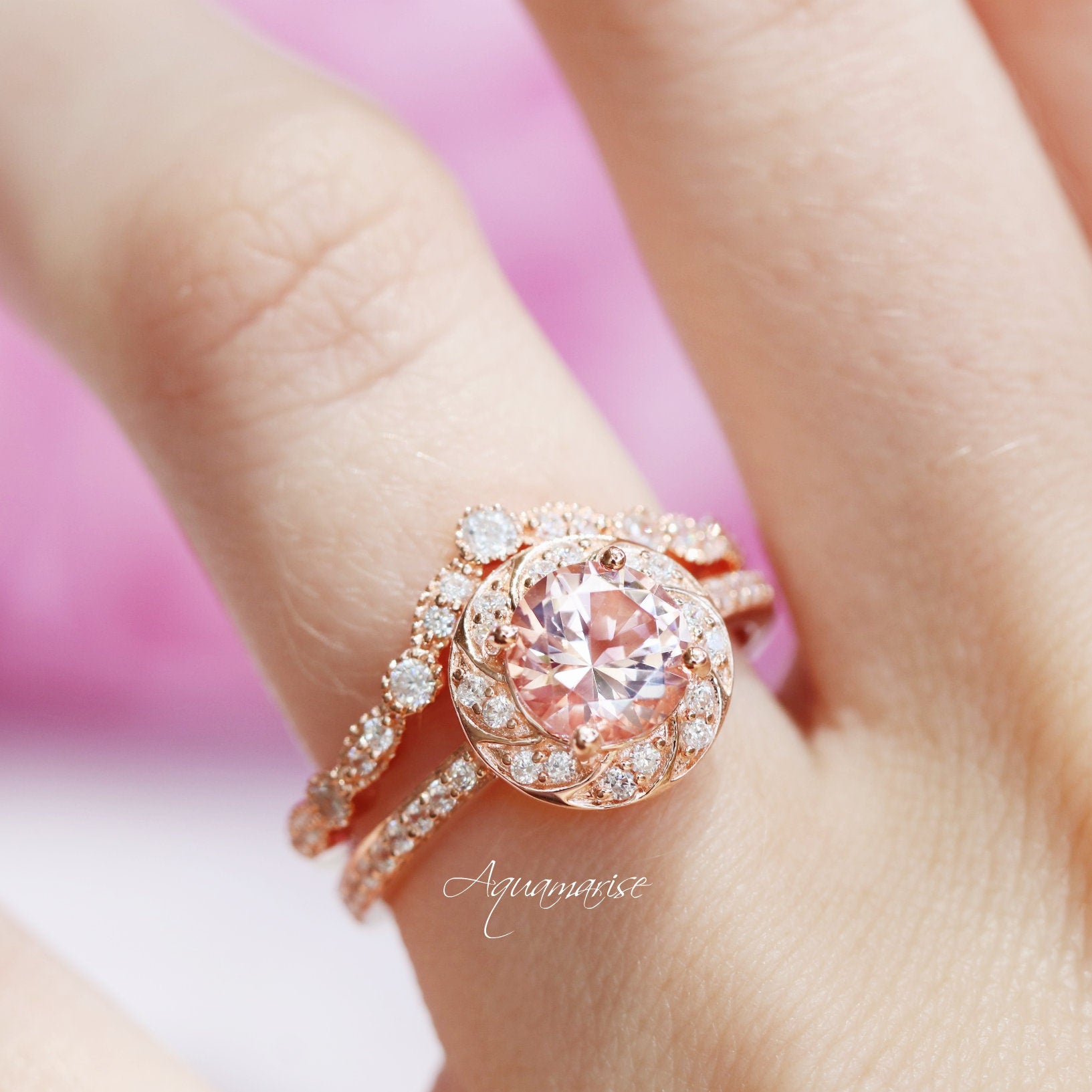 14K Solid Rose Gold Twisted Halo Morganite Engagement Ring - Perfect for Proposals, Anniversaries & Bridal Jewelry