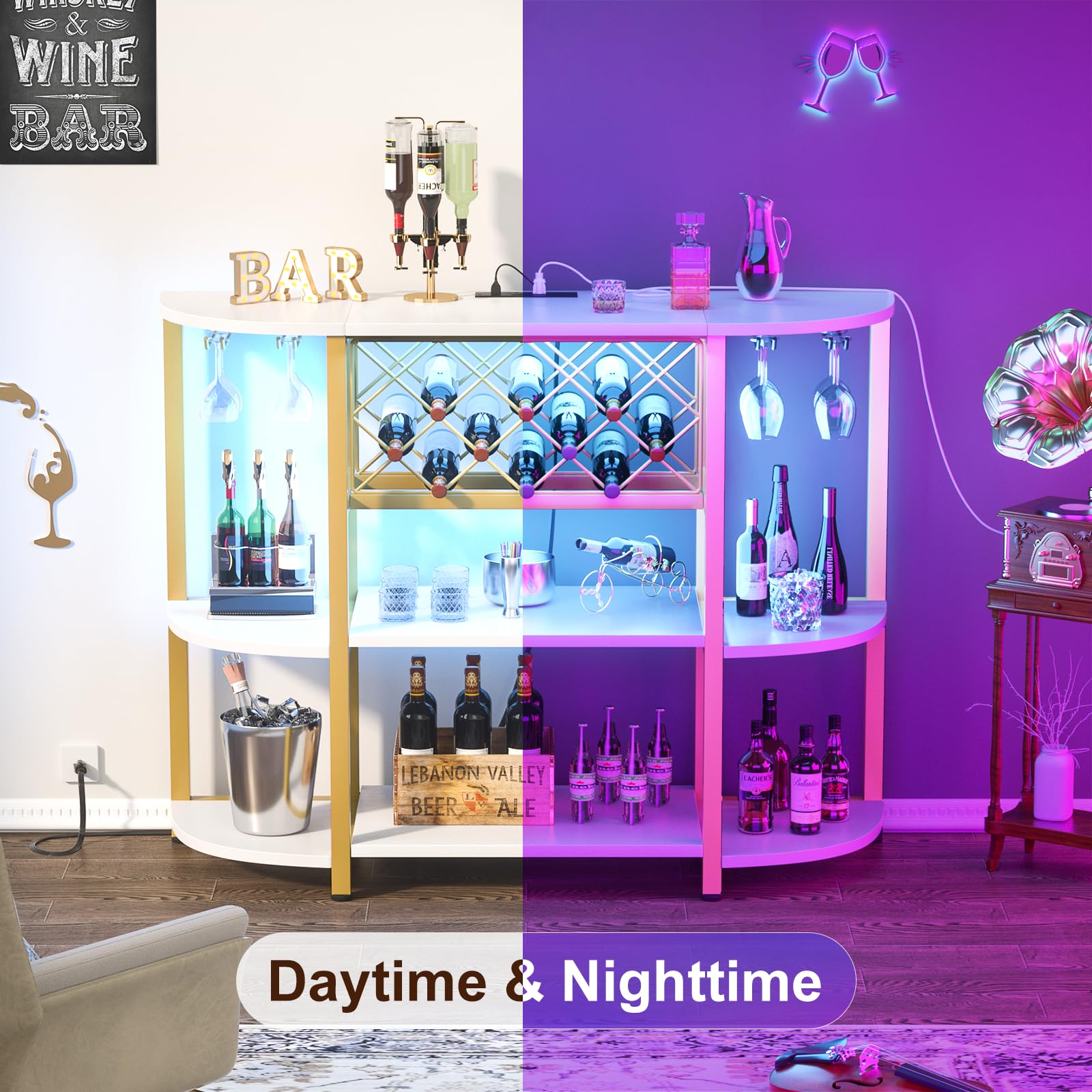 Premium 4-Tier Metal Coffee Bar Cabinet with Power Outlet & LED Lights - Freestanding Kitchen Bar Table with Glass Holder & Wine Storage - Elegant White & Gold Baker's Rack for Dining Room, Living Room & Home Bar Decor