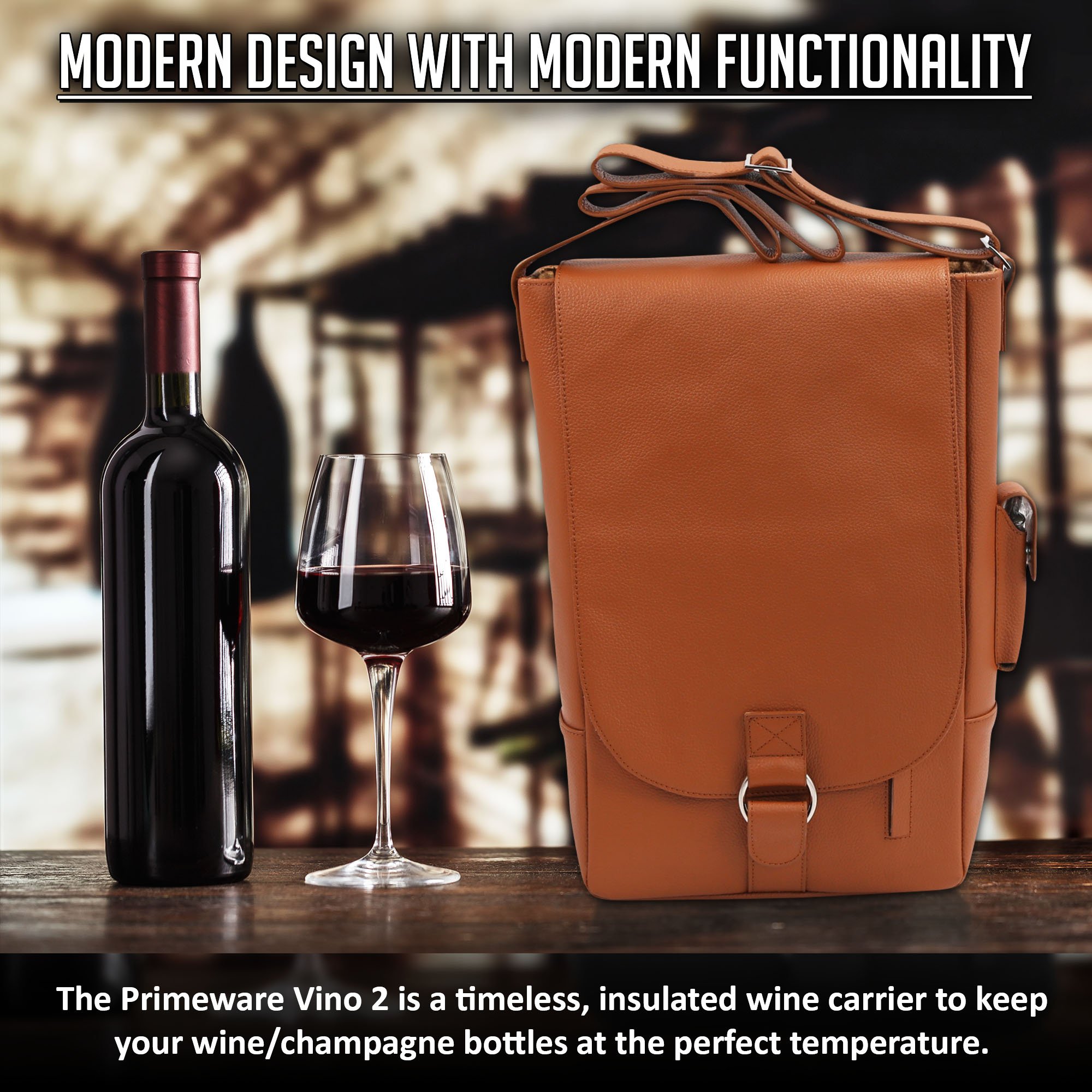 Vino2 Genuine Leather Wine Tote Bag - 2 Bottle Capacity Messenger Style Carrier (Brown) - Perfect for Picnics, Parties & Wine Tasting Events