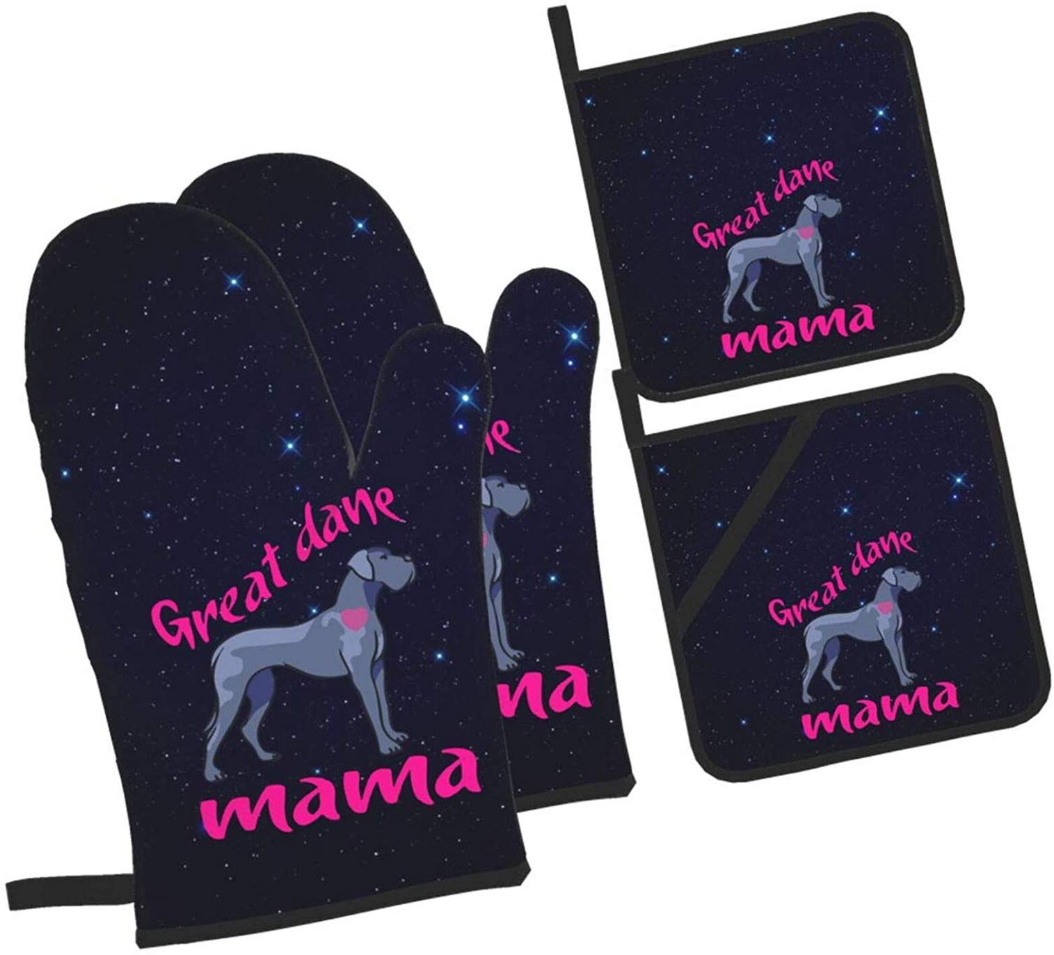 Great Dane Dog Lover Oven Mitt and Pot Holder Set of 4 - Heat Resistant Kitchen Accessories for Baking, BBQ & Cooking - Perfect Gift for Dog Moms & Pet Lovers