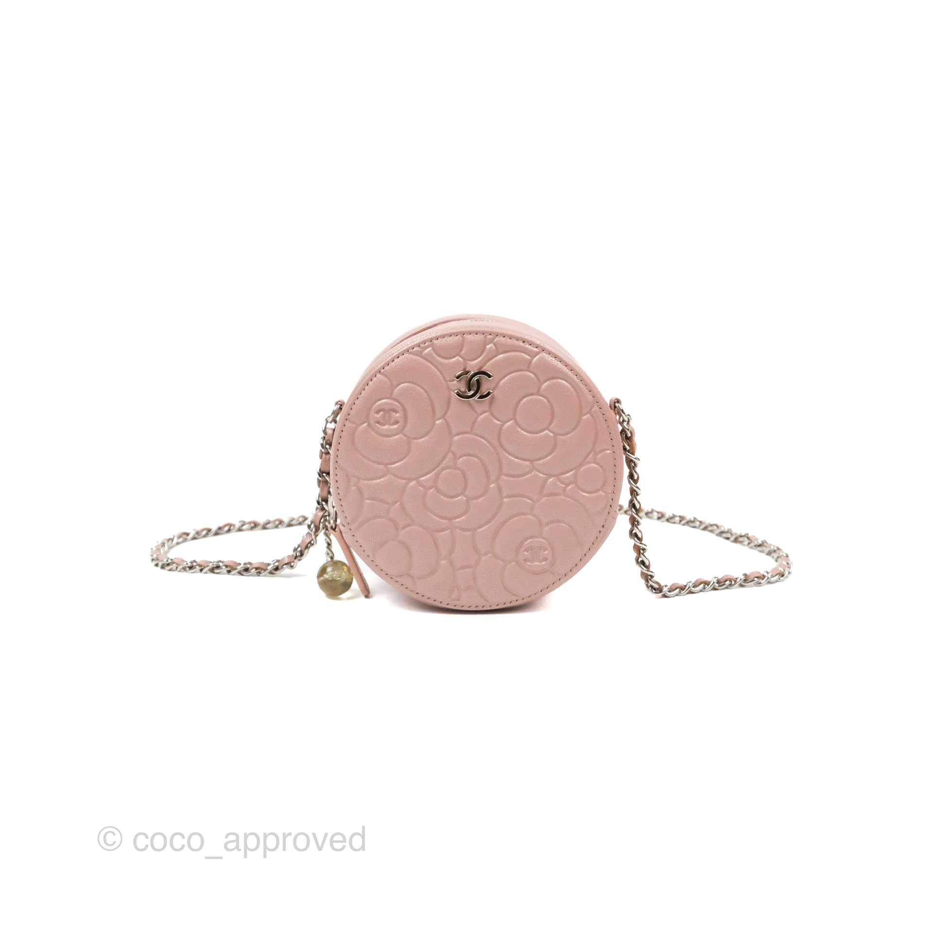 Chanel Camellia Embossed Round Clutch Bag with Chain - Iridescent Light Pink Goatskin Leather & Silver Hardware | Evening Party, Wedding, Special Occasion Accessory