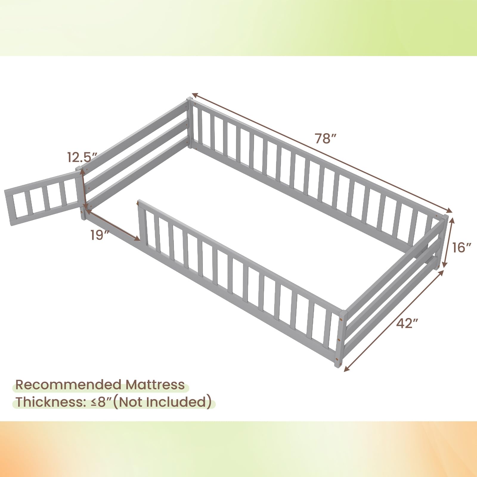 Giantex Twin Floor Bed with Door & Safety Fence - Wooden Montessori Bed for Kids, Boys & Girls - No Box Spring Needed - Sturdy Frame with Guardrails - Grey - Perfect for Montessori Rooms, Daycare & Kids' Bedrooms
