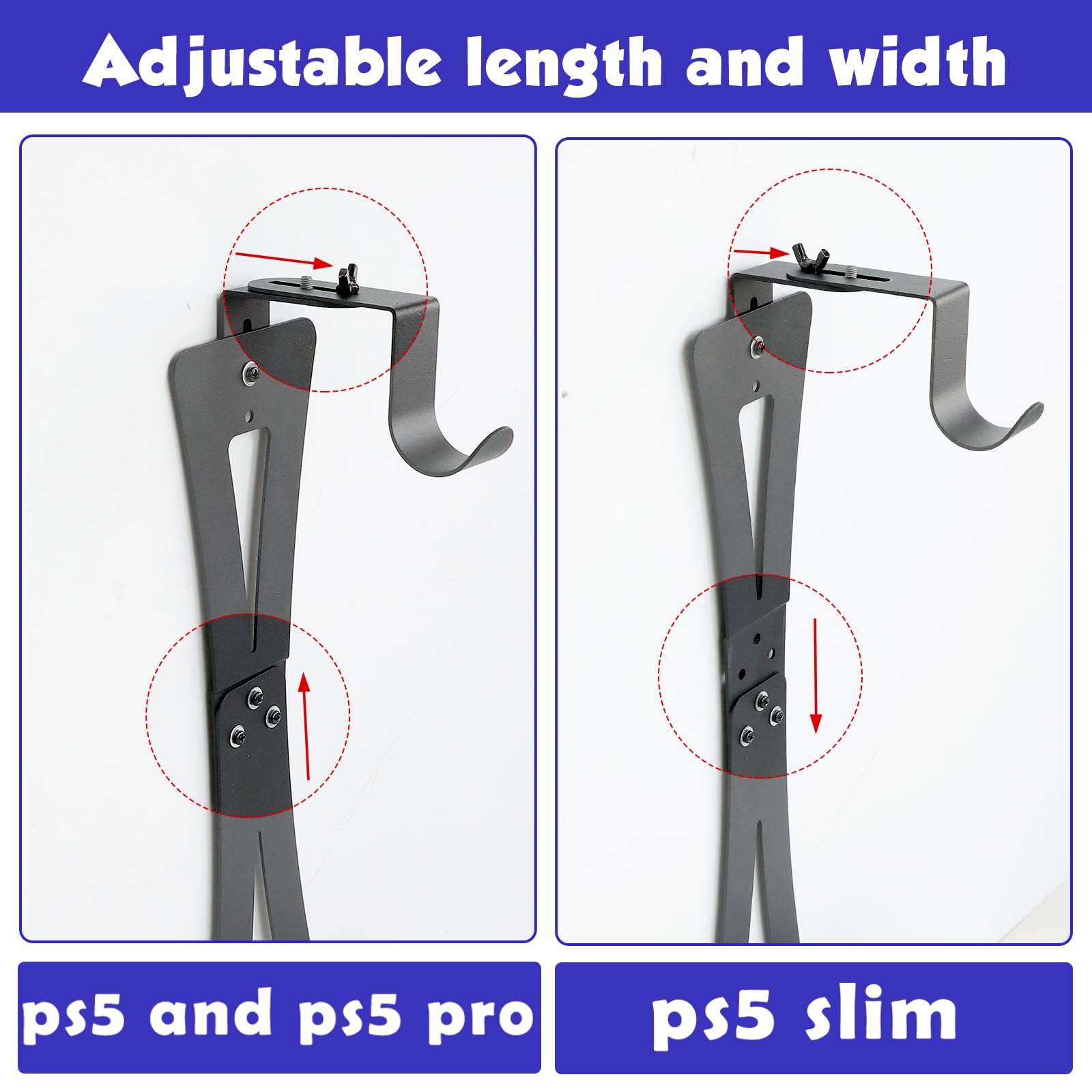 PS5 Wall Mount Bracket - Adjustable Length & Width for PS5, PS5 Pro & PS5 Slim Disc Edition | Secure Wall Shelf with Dual Controller Holder | Perfect for Gaming Room & Bedroom Setup