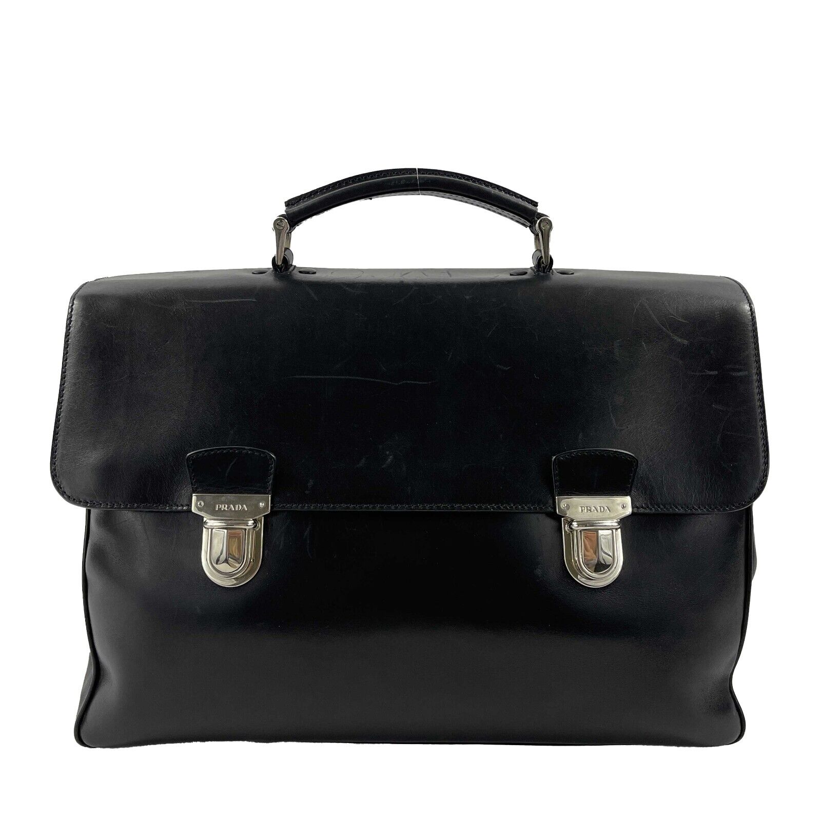 Prada Vitello Leather Double Buckle Briefcase for Men & Women - Professional Business Bag with Silver Hardware - Perfect for Office, Work, Travel & Daily Commute