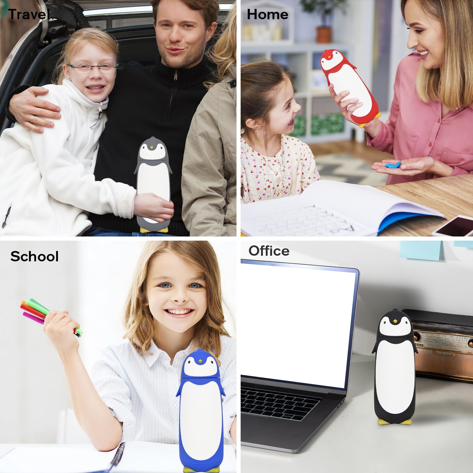 **Penguin Glass Water Tumbler - Insulated Double Wall Stainless Steel Travel Mug for Kids & Students, 9.6oz, Red - Perfect for School, Office, Gym & Outdoor Activities**