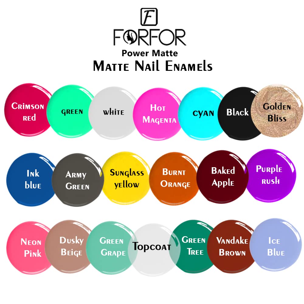 FORFOR® 12-Piece Matte Nail Polish Set - Long Lasting, Chip Resistant, Vegan & Cruelty-Free (Red, Green, Hot Magenta, Dusky Beige, Transparent, Burnt Orange, Black, Purple, Blue, Gray, Green, Crimson) - Perfect for Manicures, Pedicures, Nail Art & Salon Quality Results at Home