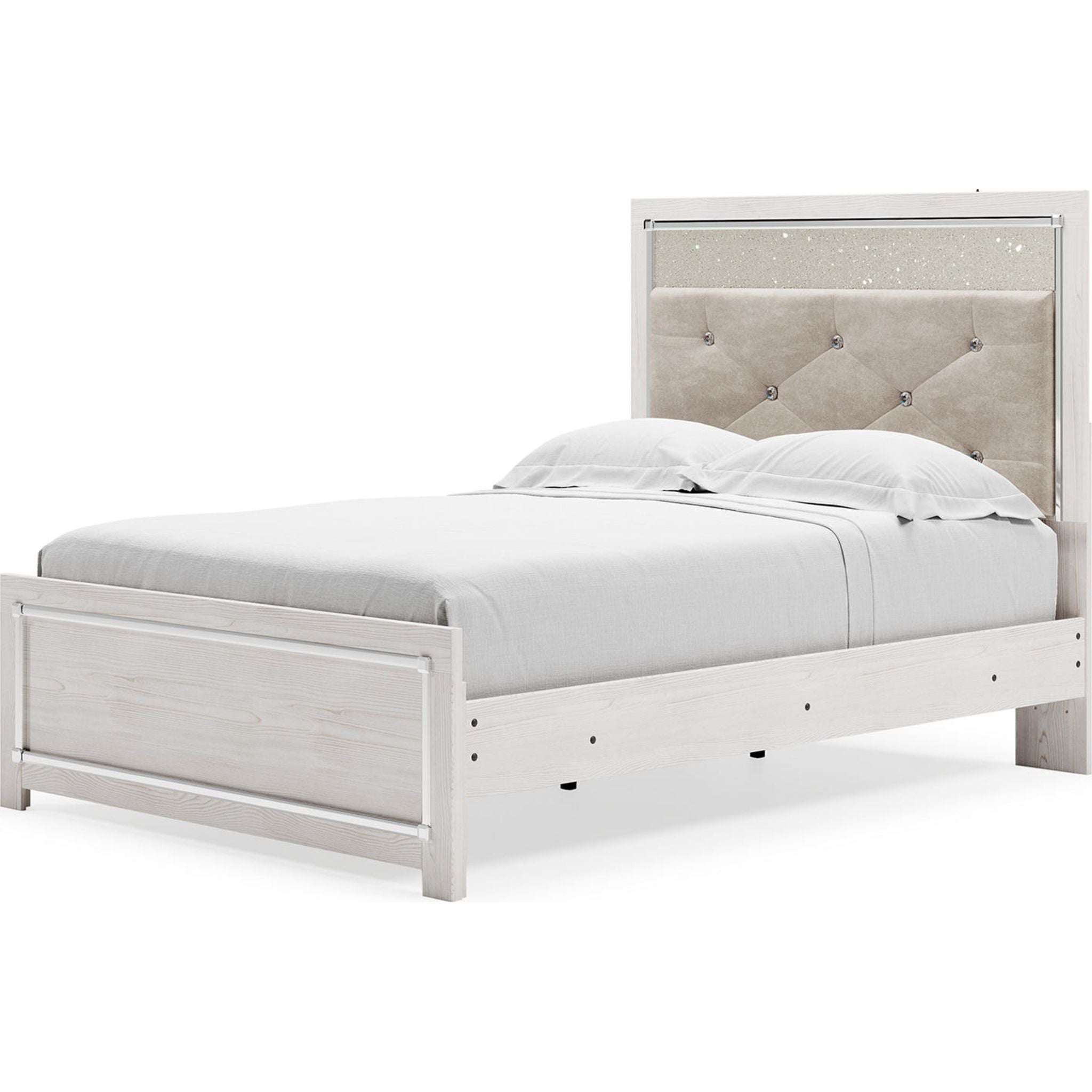 Altyra White Panel Bed Frame - Queen Size, Modern Platform Bed with Upholstered Headboard for Bedroom Decor