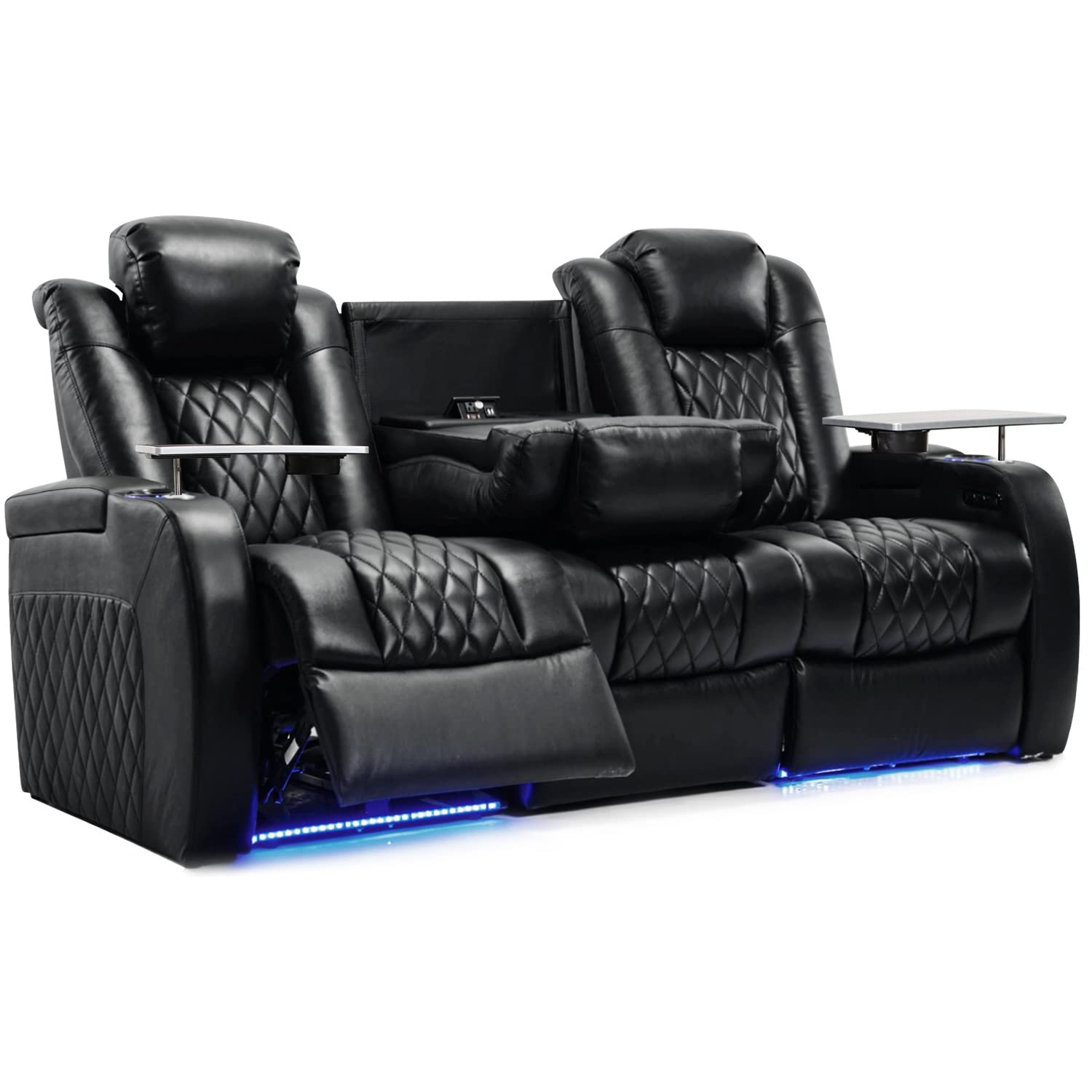 Premium Top Grain Leather Home Theater Recliner Chair with Dual Power Recline, USB-C & Wireless Charging, Tray Table - Black - Perfect for Movie Nights & Home Entertainment Systems