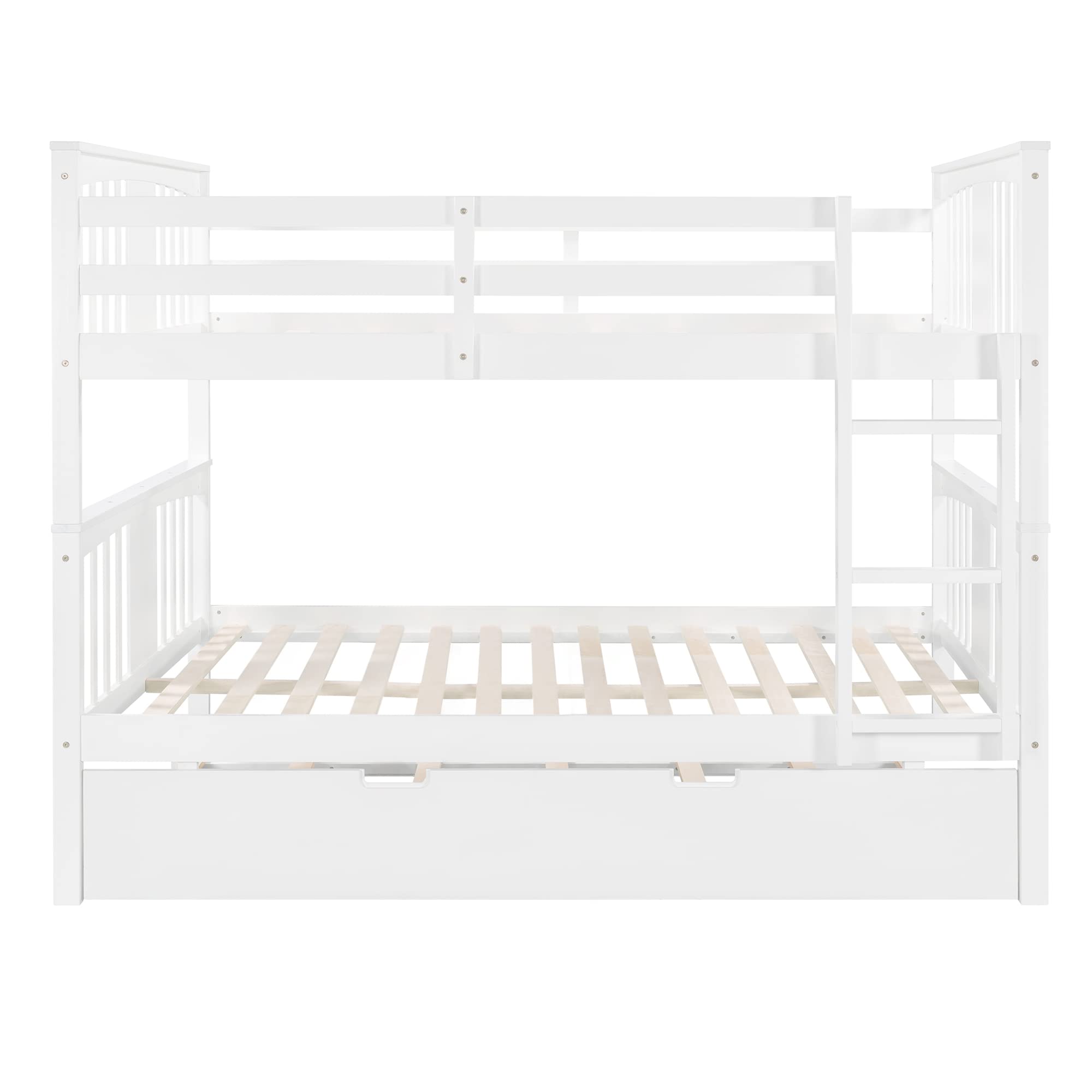 **JULYFOX Full Size Bunk Bed with Trundle - Heavy Duty Solid Wood Platform Bed Frame, White - Space Saving Twin Over Full Bunk Bed Set with Ladder - No Box Spring Needed - Ideal for Kids' Rooms, Guest Rooms & Small Spaces**