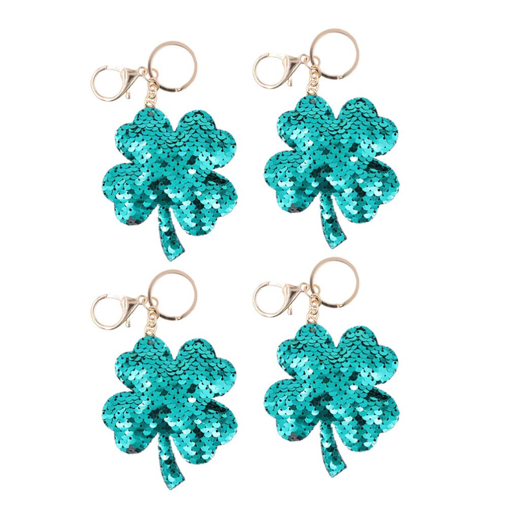 Amosfun 4pcs 4 Leaf Clover Keychains - Green Sequin Shamrock Keyrings for St Patrick's Day, Bag, Purse, Phone, Car, and Party Decorations
