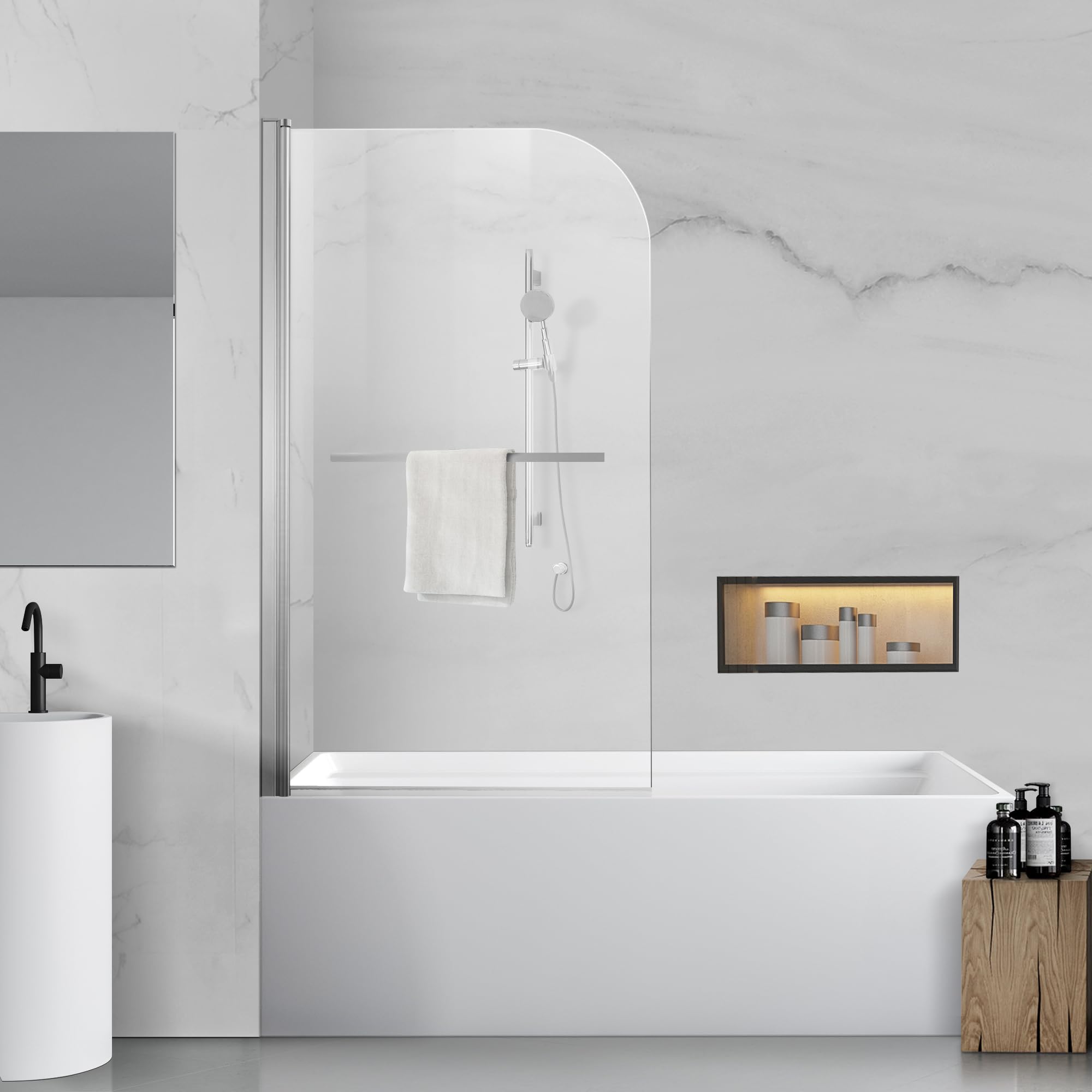 Frameless Shower Door 34x58 Inch - Tempered Glass (6mm) Bathroom Tub Enclosure with Polished Silver Finish & Handle - Perfect for Modern Bathroom Renovations & Spa-Like Showers