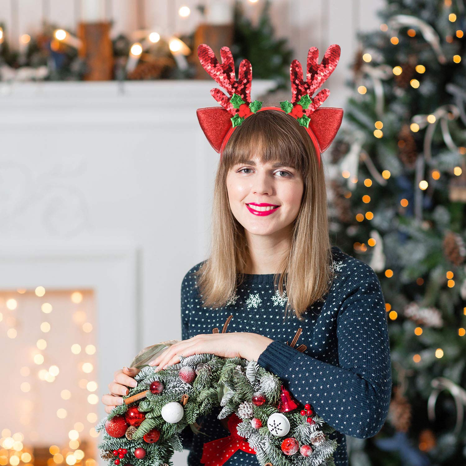 Bememo 2 Pack Christmas Reindeer Antler Headbands for Women - Festive Holiday Party Hair Accessories for Christmas Costume, Xmas Photo Props, and Holiday Celebrations