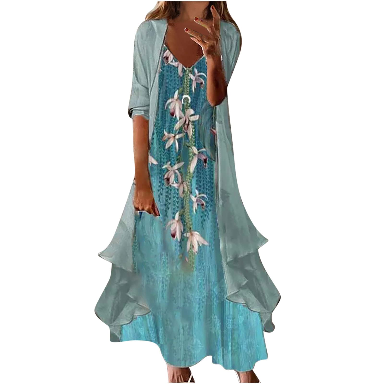 Women's Floral Print Long Sleeve Maxi Dress Two Piece Set - Summer Beach Cover Up, Boho Smock Dress for Casual Outings and Vacation Wear