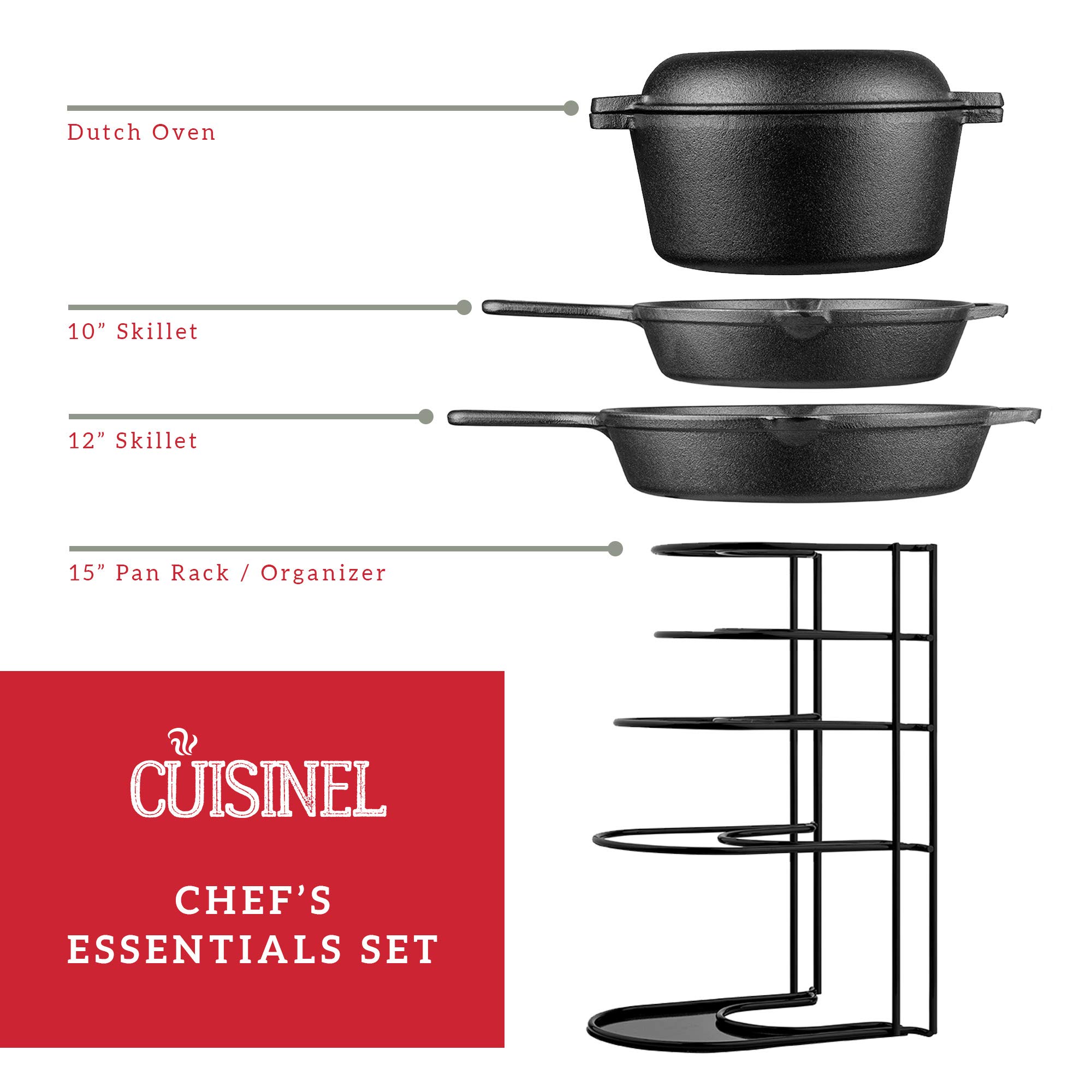 Cuisinel 8-Piece Cast Iron Cookware Set - Pre-Seasoned 10
