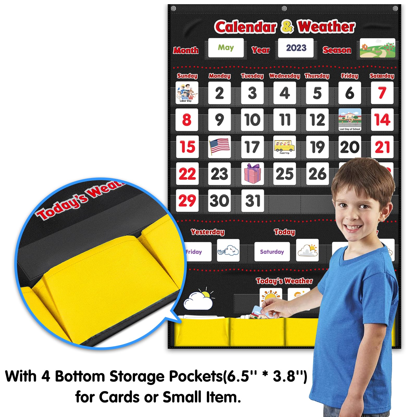 Godery Calendar and Weather Pocket Chart - 149 Pieces Classroom Organization Tool for Teachers (Black) | Perfect for Daily Schedule, Weather Tracking & Student Activities in Preschool & Elementary School