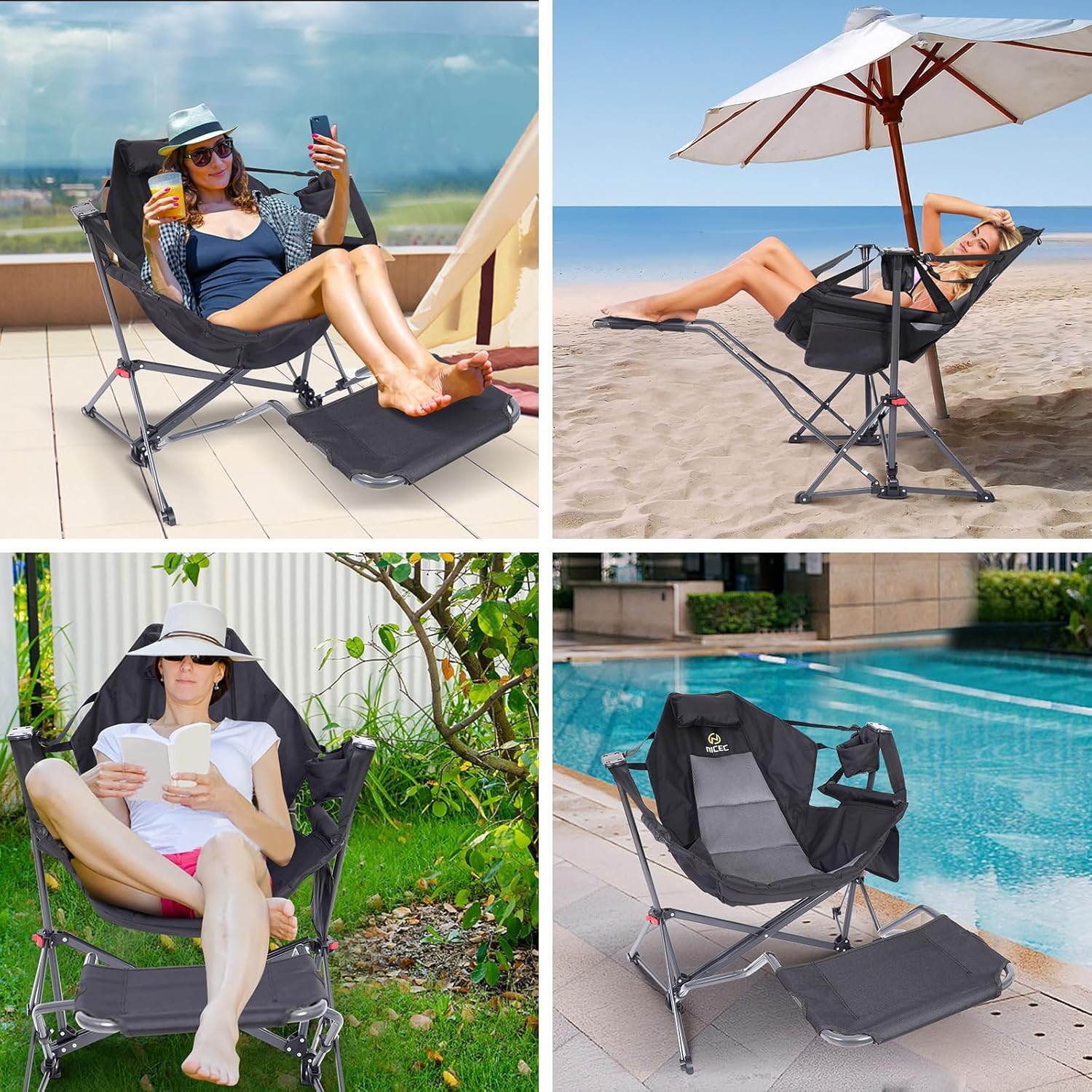 Premium Hammock Camping Chair with Stand - Heavy Duty Rocking Swivel Chair with High Back Support, Cup Holder & Side Pockets - Portable Outdoor Lounge Chair for Backyard, Beach, Camping & Patio Relaxation (Black with Footrest)