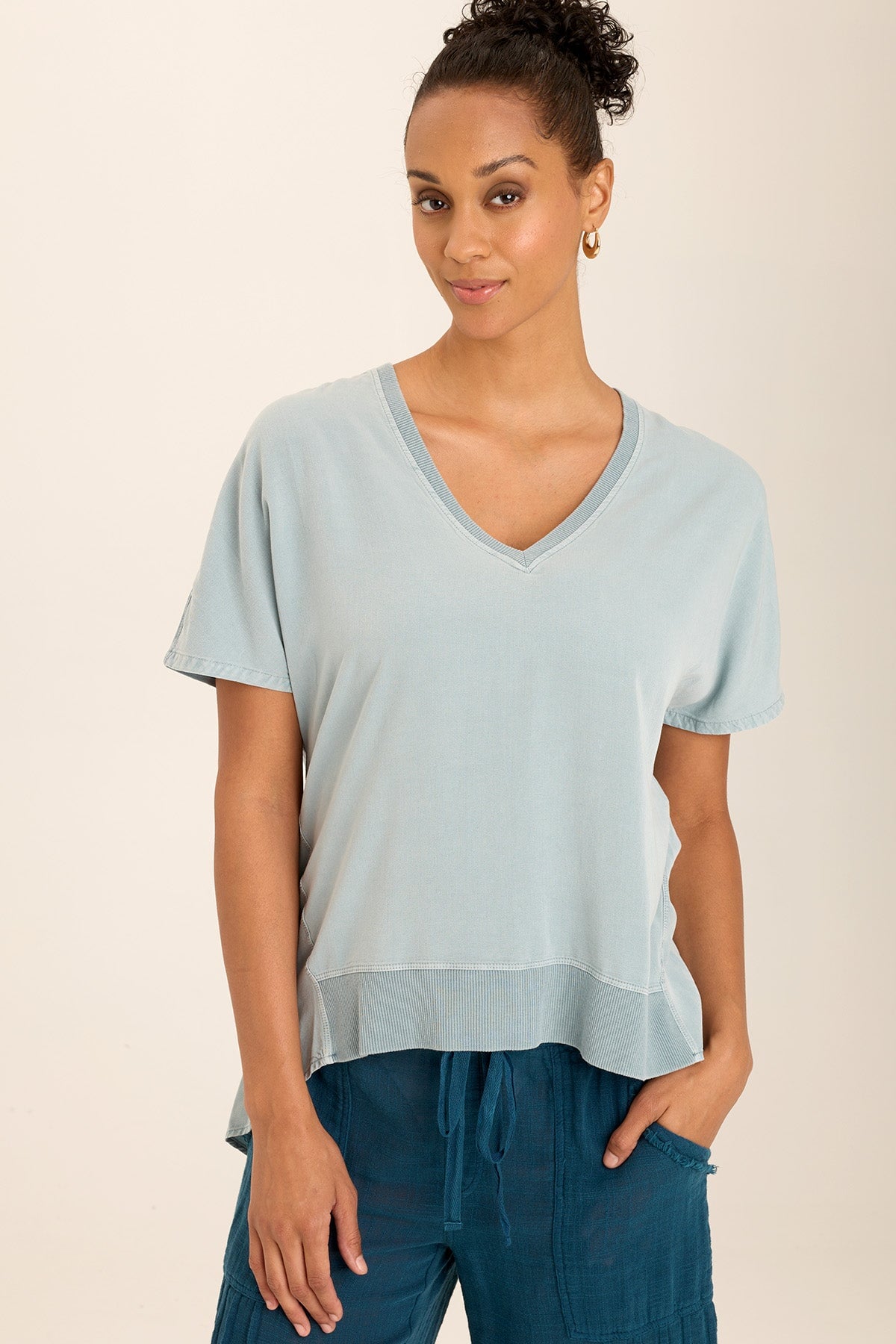 Clara Twill & Jersey Relaxed V-Neck T-Shirt for Women - Soft Casual Comfort Tee for Everyday Wear, Lounge & Outings