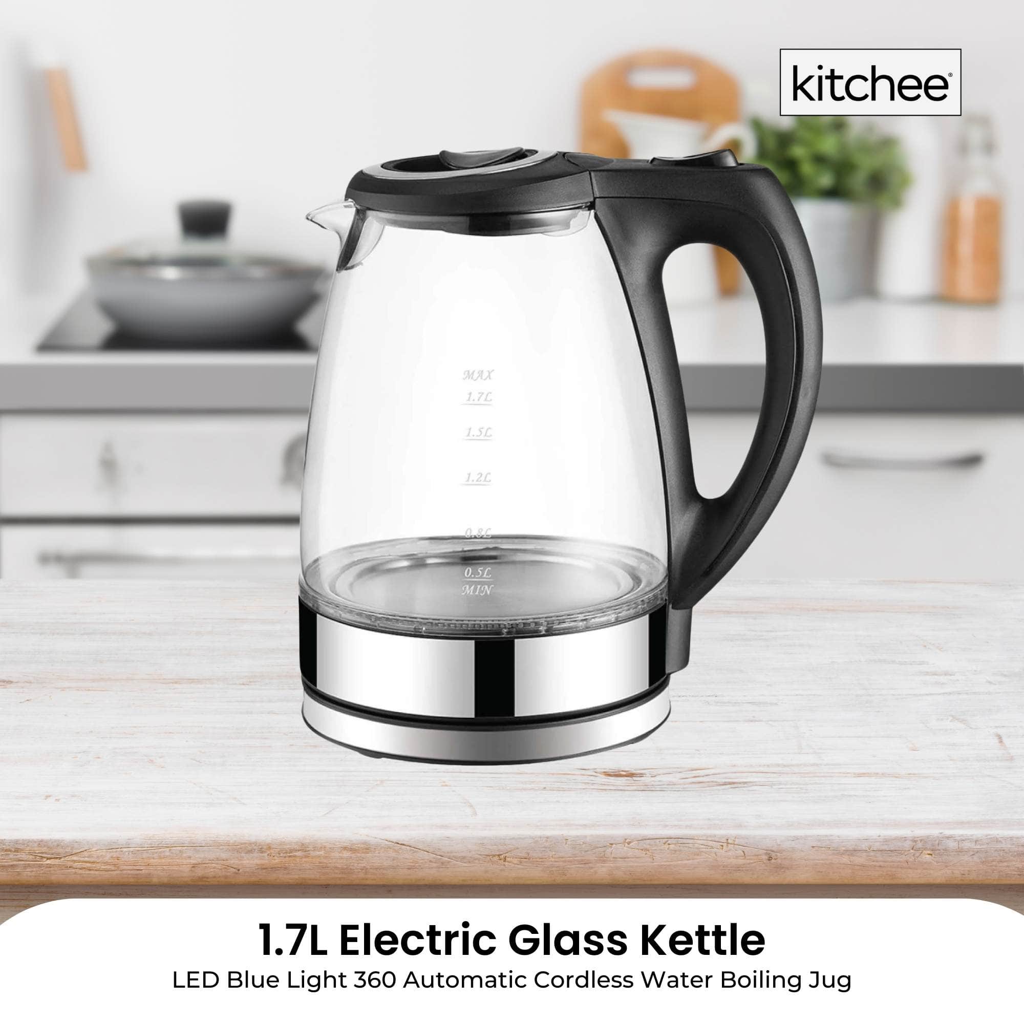 1.7L Electric Glass Kettle with LED Blue Light - 360° Cordless Water Boiler for Tea, Coffee & Instant Noodles - Fast Heating & Auto Shut-Off for Home, Office & Dorm Use