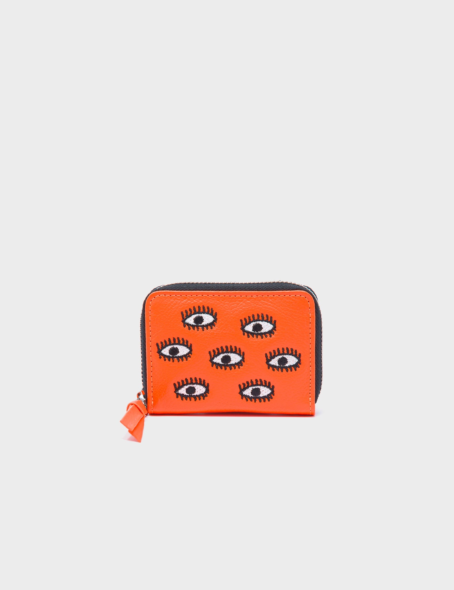 Frodo Neon Orange Leather Zip Around Wallet with All Over Eyes Embroidery - Stylish RFID Blocking Wallet for Men, Perfect for Travel, Business & Everyday Use