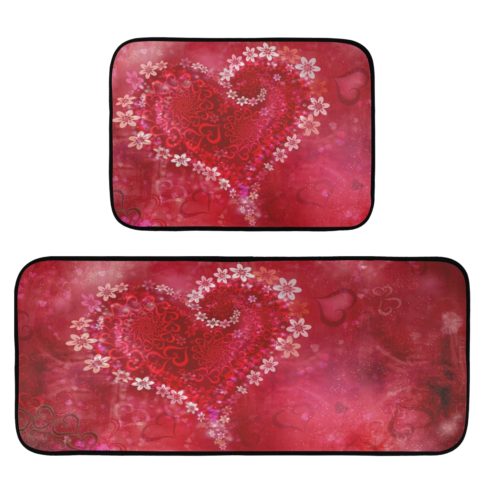 Valentine's Day Floral Heart Kitchen Rugs Set of 2 - Non-Slip Washable Polyester Floor Mats for Kitchen, Laundry & Sink - Soft Standing Mat for Office, Bathroom & Home Decor (Romantic Gift Idea)