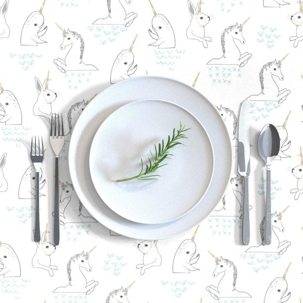 Whimsical Unicorn Narwhal Rabbit Print Cotton Sateen Tablecloth 70x108 Inches - Gender Neutral Nursery Decor, Magical Hearts Design for Dining Room & Party Table Setting
