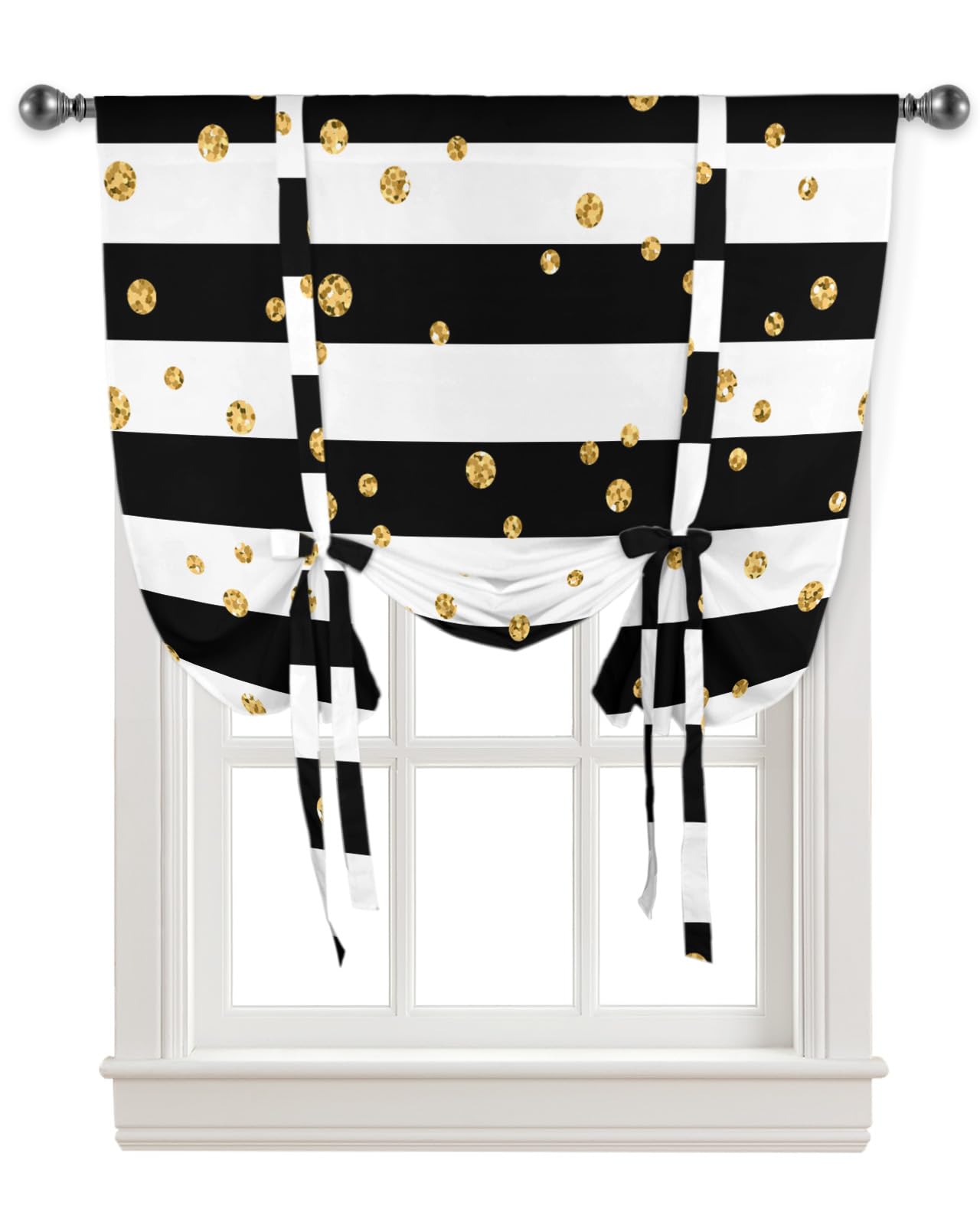 White and Black Stripe Polka Dot Tie Up Curtains - Adjustable Rod Pocket Window Shades for Kitchen & Bathroom - 1 Panel 34x45 Inches - Perfect for Blinds, Home Decor, and Privacy