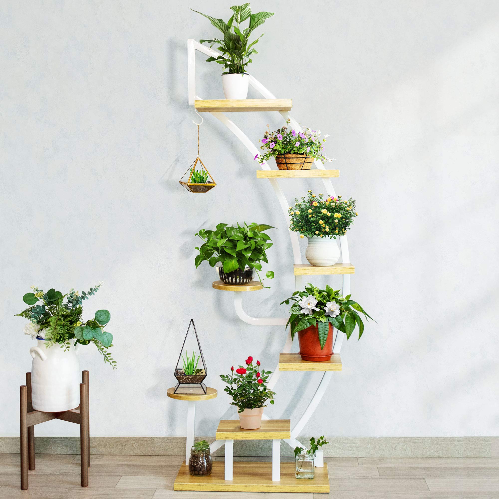 VIVOHOME 6 Tier 9 Potted Steel-Wood Plant Stand with Hanger - Curved Flower Pot Holder Shelf for Indoor Plants - Perfect for Living Room, Balcony, and Home Decor