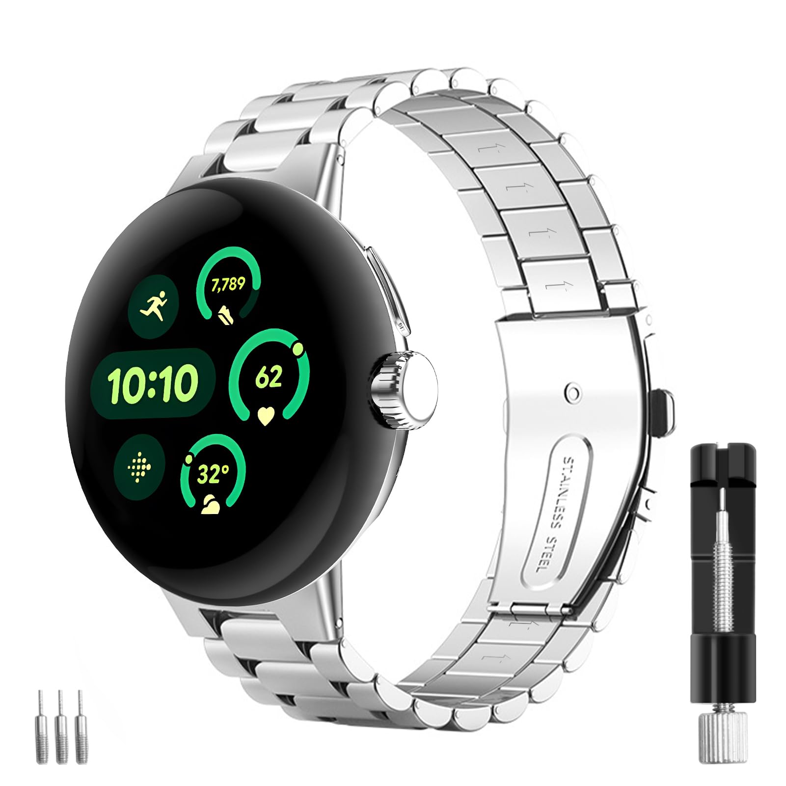 Google Pixel Watch 3 45mm Band - Aresh Stainless Steel Metal Strap for Women & Men, Adjustable No Gap Design, Silver (2024) - Perfect for Workouts, Office & Daily Wear