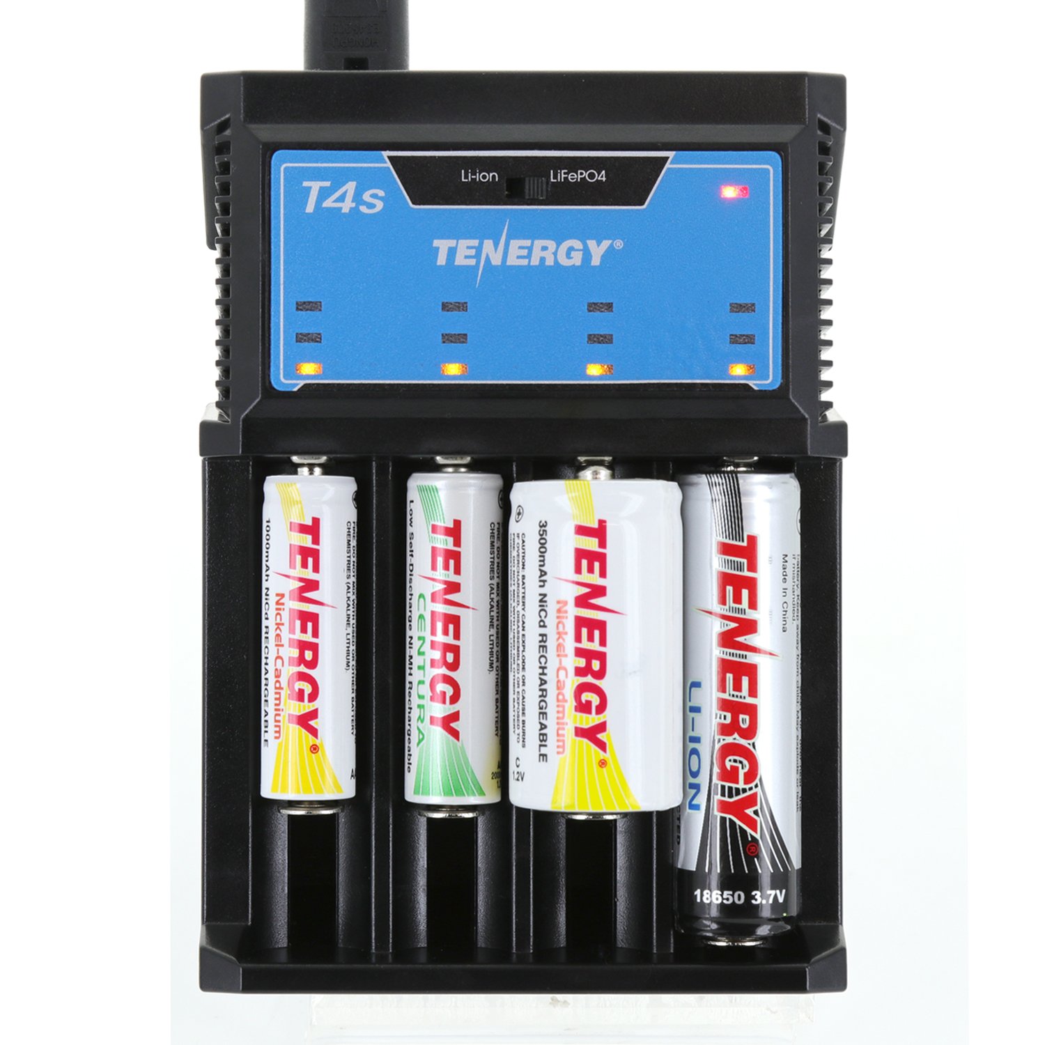 Tenergy T4s Smart Universal Battery Charger - 4 Slot Fast Charging for Li-ion, LiFePO4, NiMH & NiCd Rechargeable Batteries (18650, 14500, 26650, AA, AAA, C) with Car Adapter - Perfect for Home, Office & Travel Use