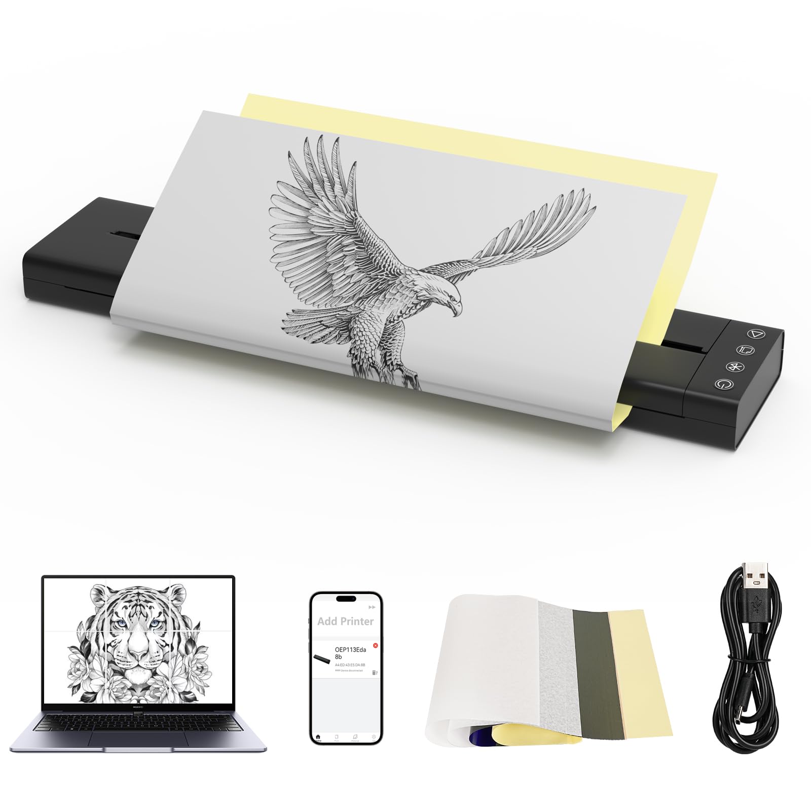 Wireless Bluetooth Stencil Printer Kit with 5Pcs Transfer Paper - Tattoo Stencil Machine for Artists & Beginners - Smartphone Compatible - Perfect for Tattoo Design, Body Art & Temporary Tattoo Creation