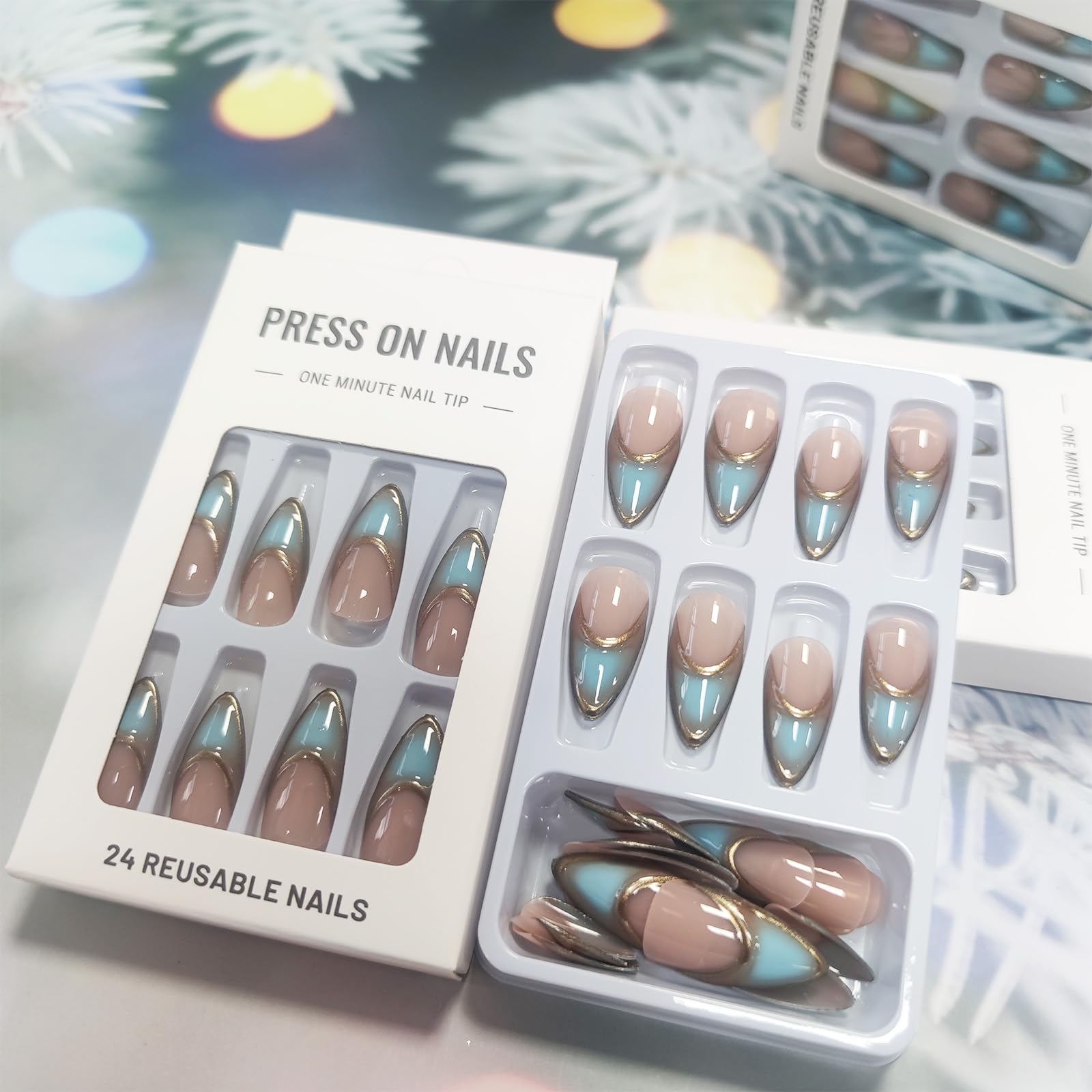 Blue Gradient French Tip Press on Nails - 24PCS 3D Gold Curve Design Ombre Acrylic Fake Nails Medium Almond Shape with Glossy Finish - Easy Glue on False Nails for Women & Girls - Perfect for Parties, Weddings, Date Nights and Special Occasions