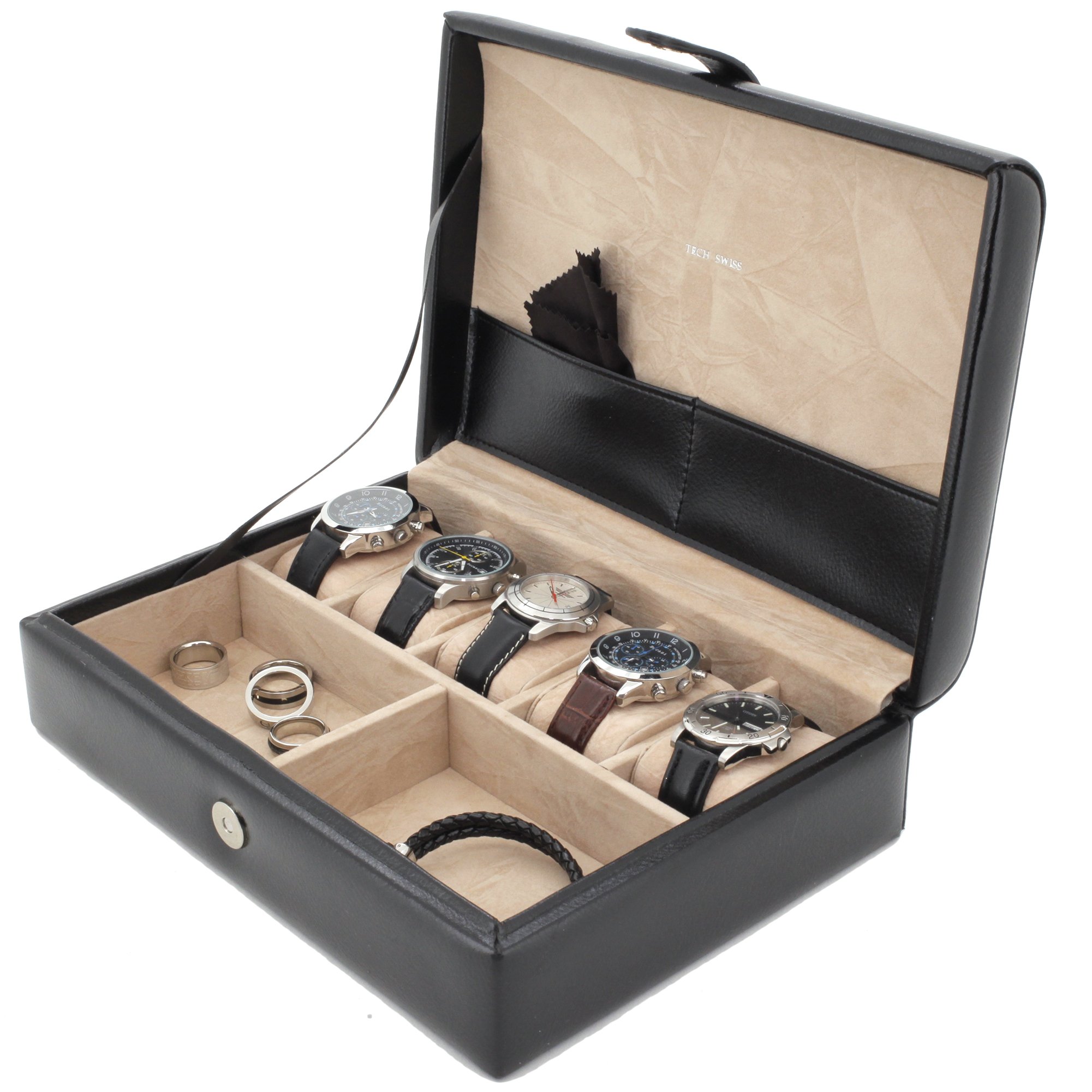 Premium Valet Tray - Leather Organizer for Jewelry, Watches, Pens & Eyeglasses (Black/Pinstripe) - Stylish Desktop Storage for Home & Office Accessories
