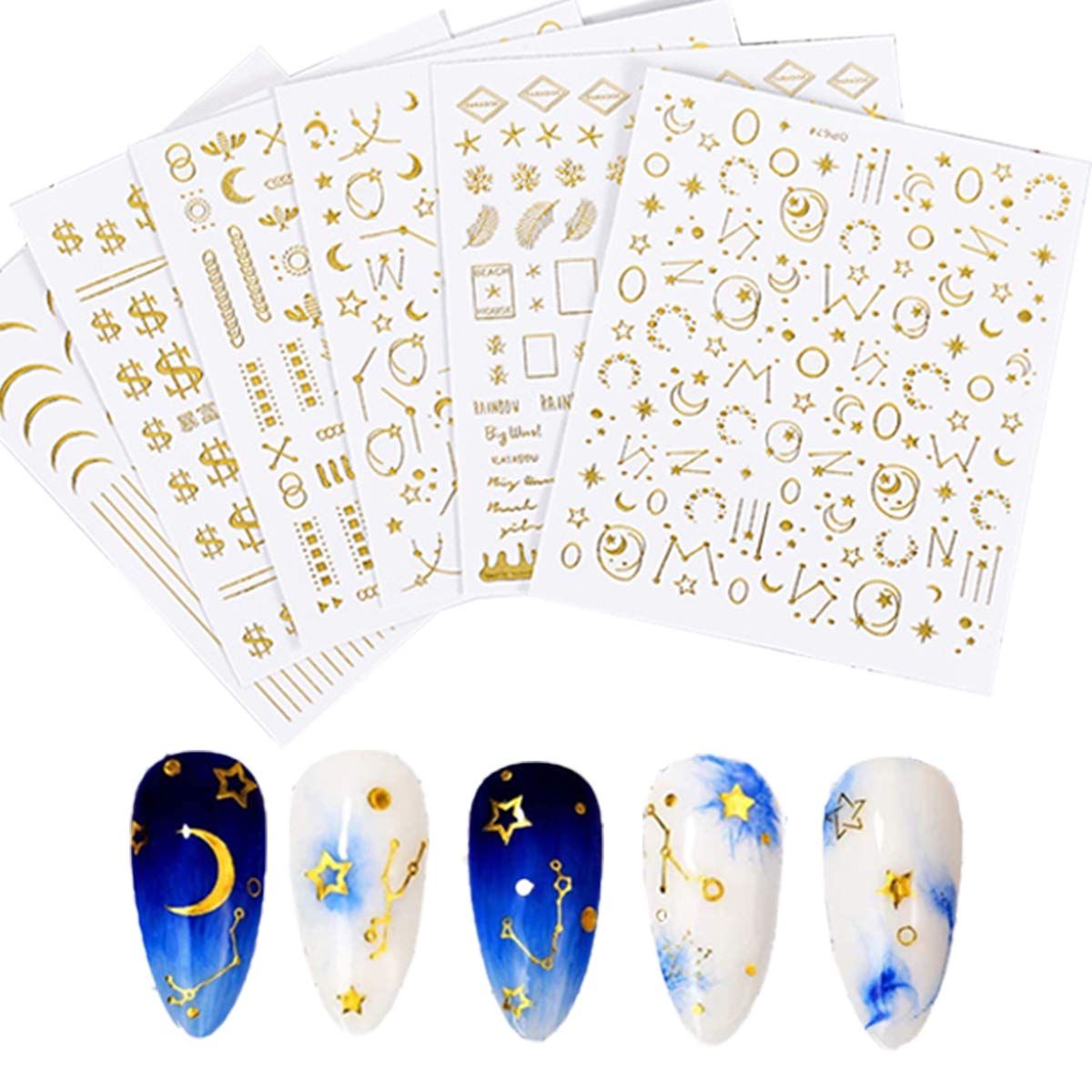 3D Gold Star Nail Art Stickers - Self Adhesive Metallic Nail Decals (6 Sheets) for DIY Manicure, Acrylic Nails & Nail Art Decorations - Luxury Moon & Money Design Nail Supplies - Perfect for Parties, Weddings, Holidays & Special Occasions
