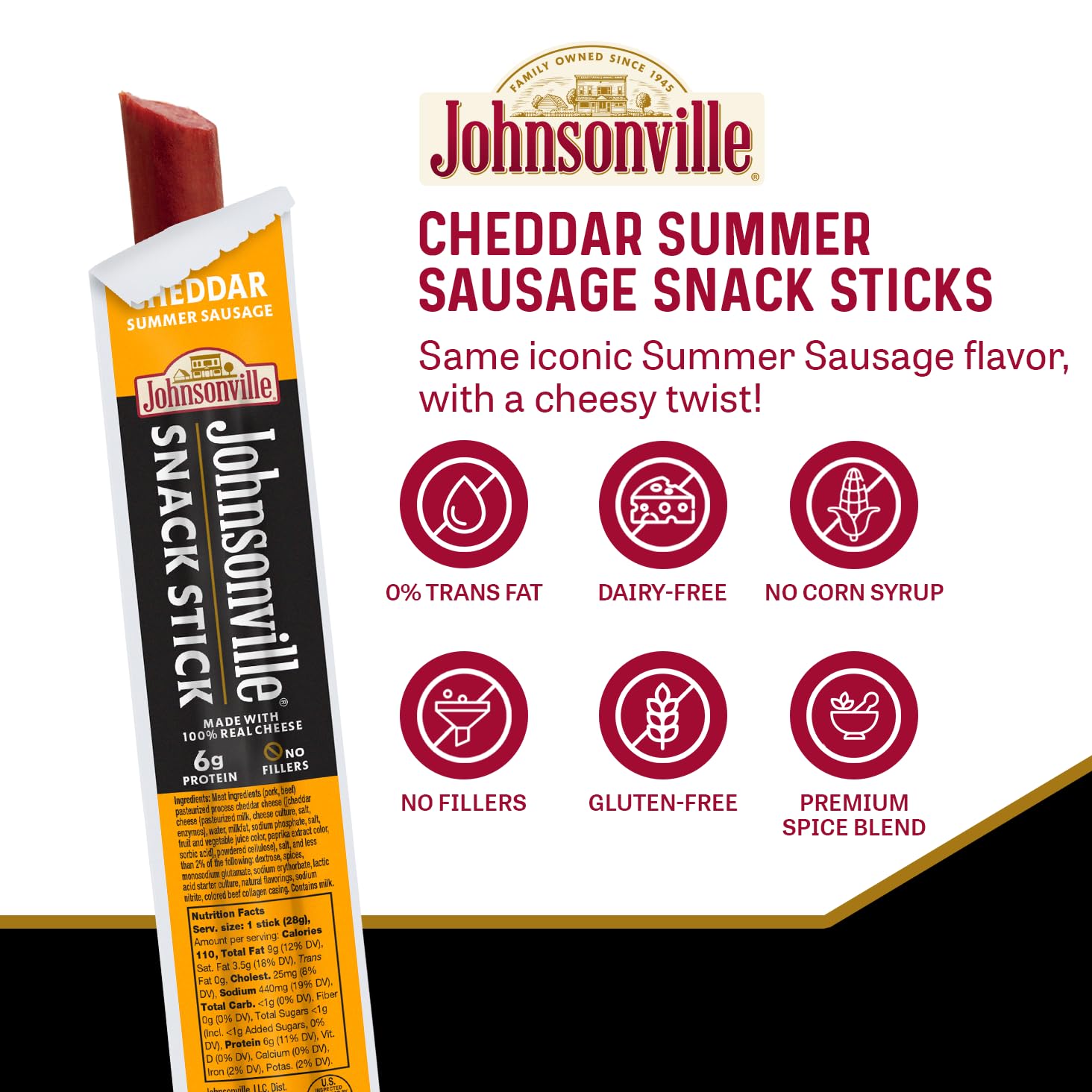 Johnsonville Summer Sausage Snack Sticks - Gluten Free Protein Snacks, Cheddar Flavor, 1 oz (24-Pack) - High Protein Keto & Paleo Friendly Snacks for Hiking, Camping & On-The-Go Nutrition
