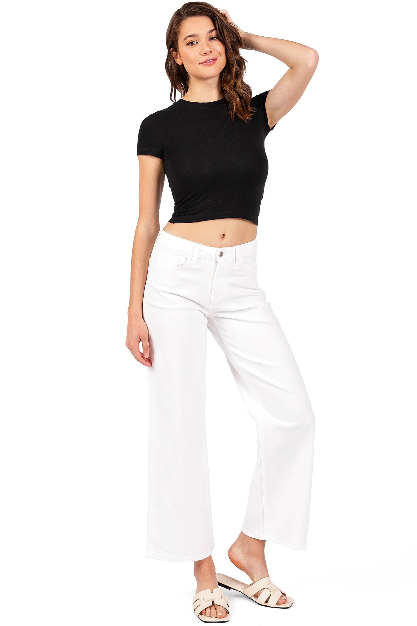 Vervet Women's High Waist Wide Leg Jeans - Stretch Denim Pants in White (Size 25) for Casual Outfits, Office Wear & Weekend Style