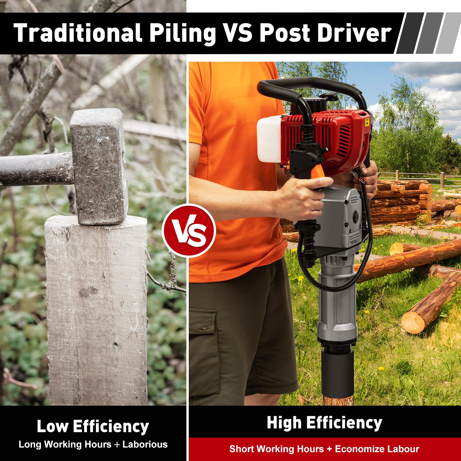 52CC Gas T Post Driver - 2 Stroke Gas Powered Pile Driver Hammer with 2 Driving Heads - Portable Air Cooling Single Cylinder Gasoline Fencing Tool for Garden, Farm, and Ranch Fencing Projects