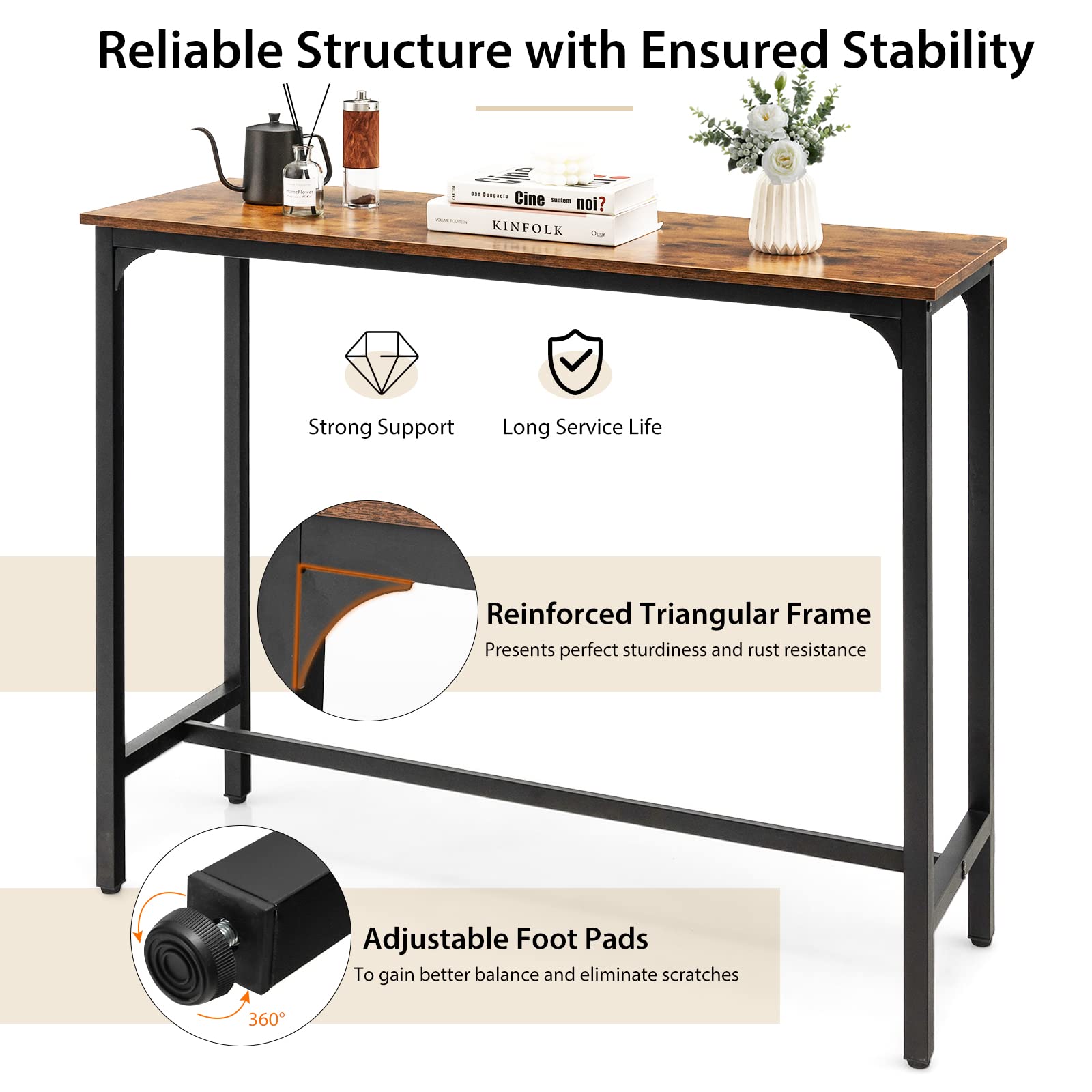 COSTWAY 48 Inch Industrial Bar Table with Steel Frame & Footrest - Rustic Brown Kitchen Dining Table, Narrow Console Table for Entryway, Home & Apartment | Perfect for Small Spaces, Breakfast Nooks & Entertaining Guests