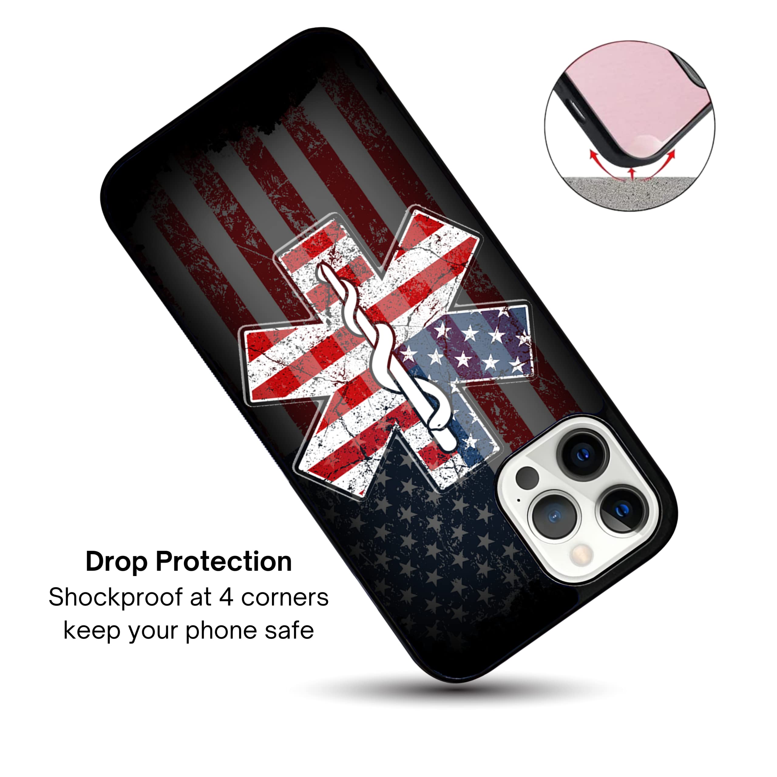 Vintage EMS EMT USA Flag Distressed American Paramedic Logo iPhone 13 Case - Durable Non-Slip TPU Rubber Shockproof Slim Protective Cover - Perfect for First Responders, Medical Professionals & Patriotic iPhone Users (Black)