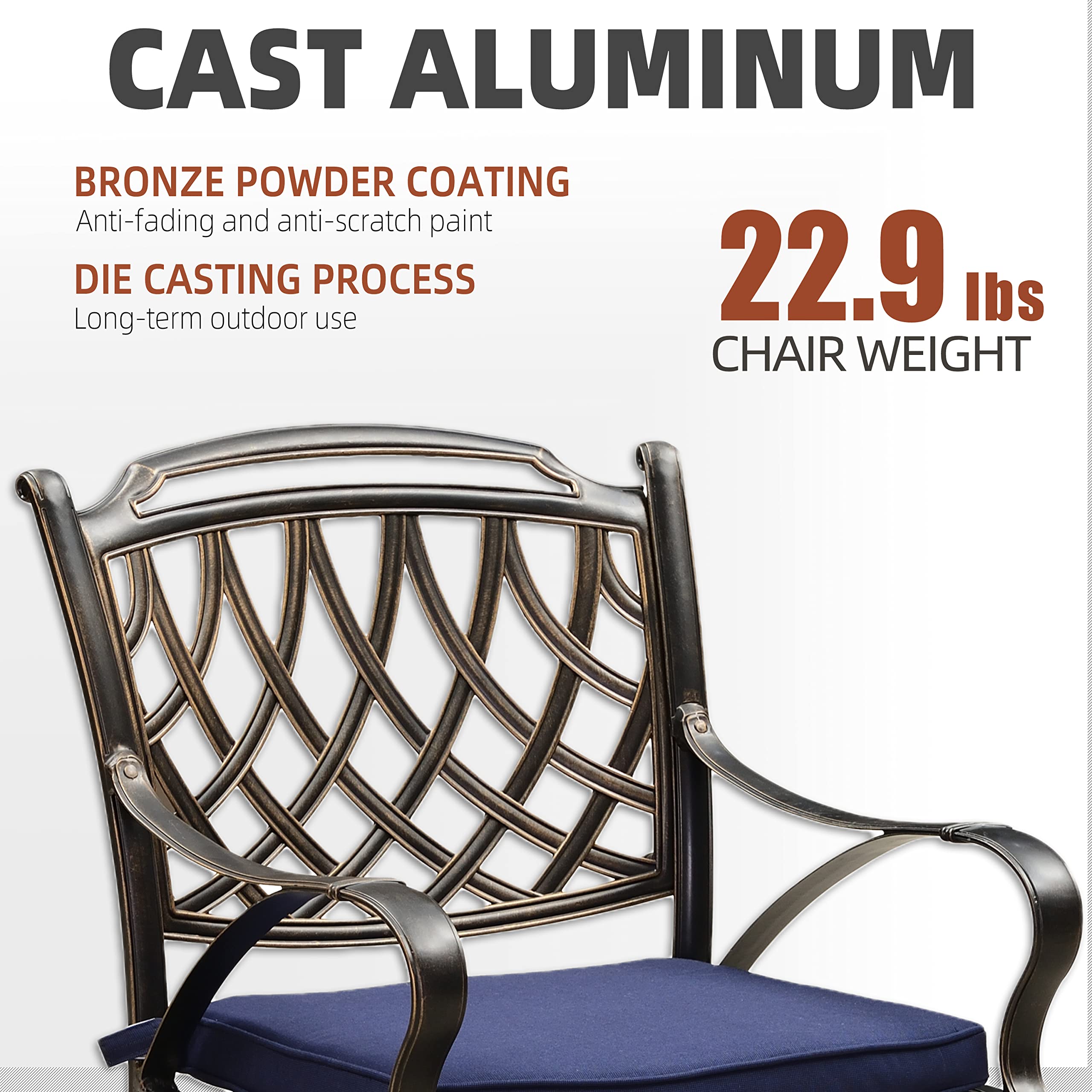 Purple Leaf Outdoor Dining Chair Set - 2 Cast Aluminum Patio Chairs with Cushions, Navy Blue Rhombic Design for Lawn, Garden & Backyard | Perfect for Outdoor Dining, Lounging & Entertaining