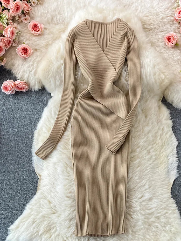 Elegant Cross V-Neck Slim Waist Knitted Bodycon Dress for Women | Autumn Winter Office Wear | Korean Style Ladies Vestidos | Perfect for Work, Party & Date Nights